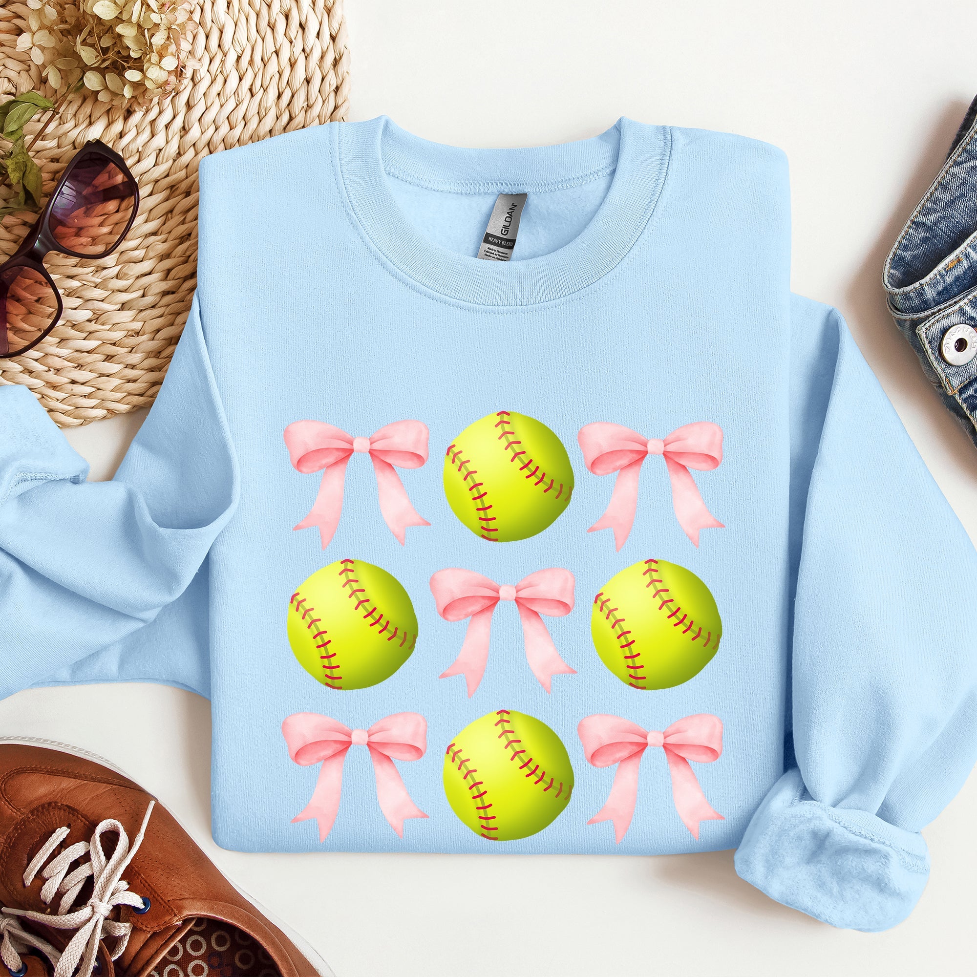 Softball Pink Bows Sports Coquette Vintage Inspired Soft Touch Cozy Fleece Sweatshirt