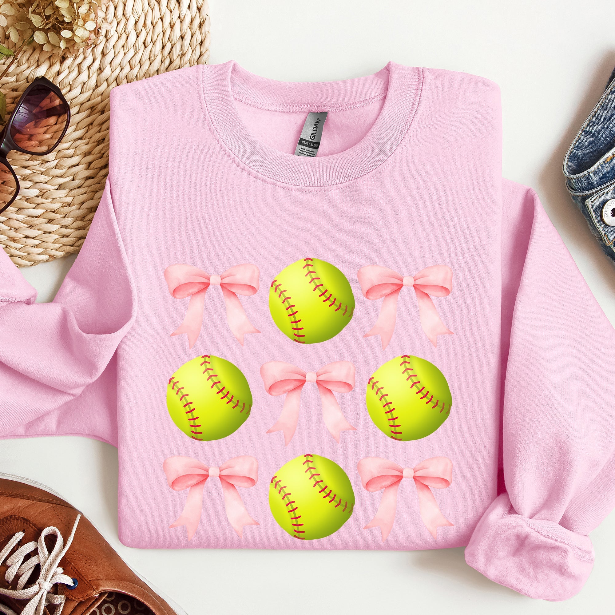 Softball Pink Bows Sports Coquette Vintage Inspired Soft Touch Cozy Fleece Sweatshirt