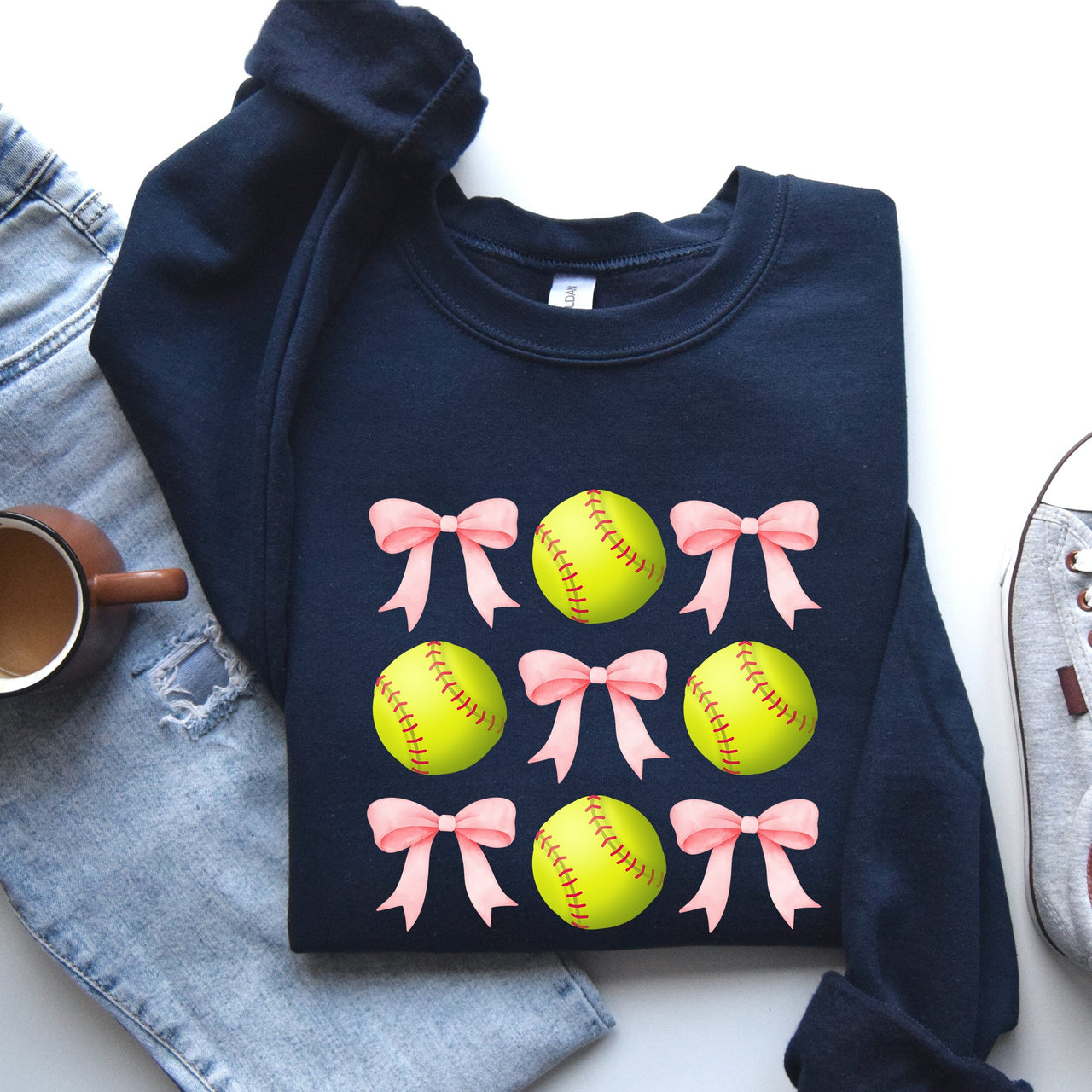 Softball Pink Bows Sports Coquette Vintage Inspired Soft Touch Cozy Fleece Sweatshirt