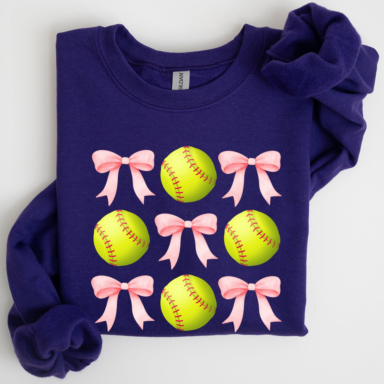 Softball Pink Bows Sports Coquette Vintage Inspired Soft Touch Cozy Fleece Sweatshirt