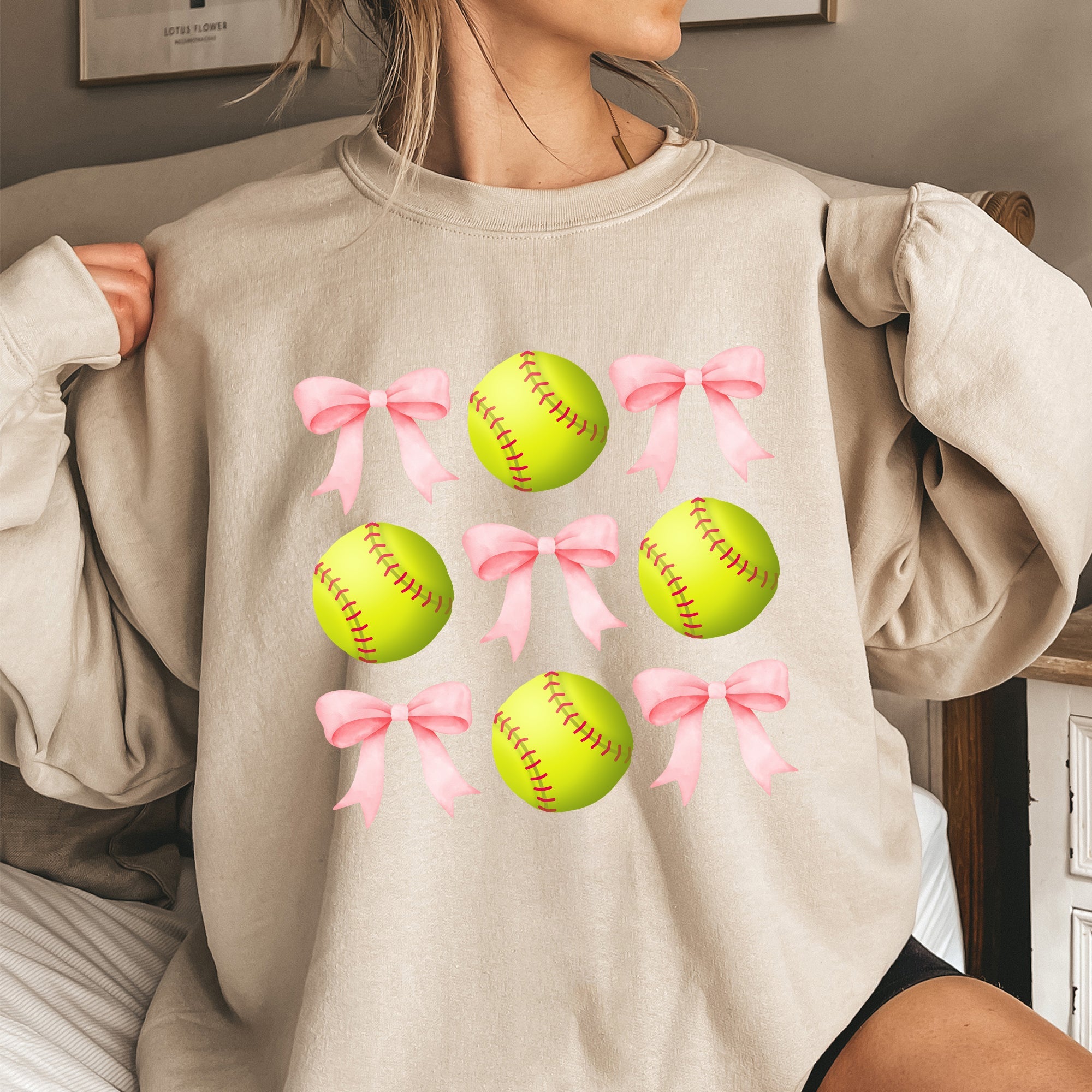 Softball Pink Bows Sports Coquette Vintage Inspired Soft Touch Cozy Fleece Sweatshirt