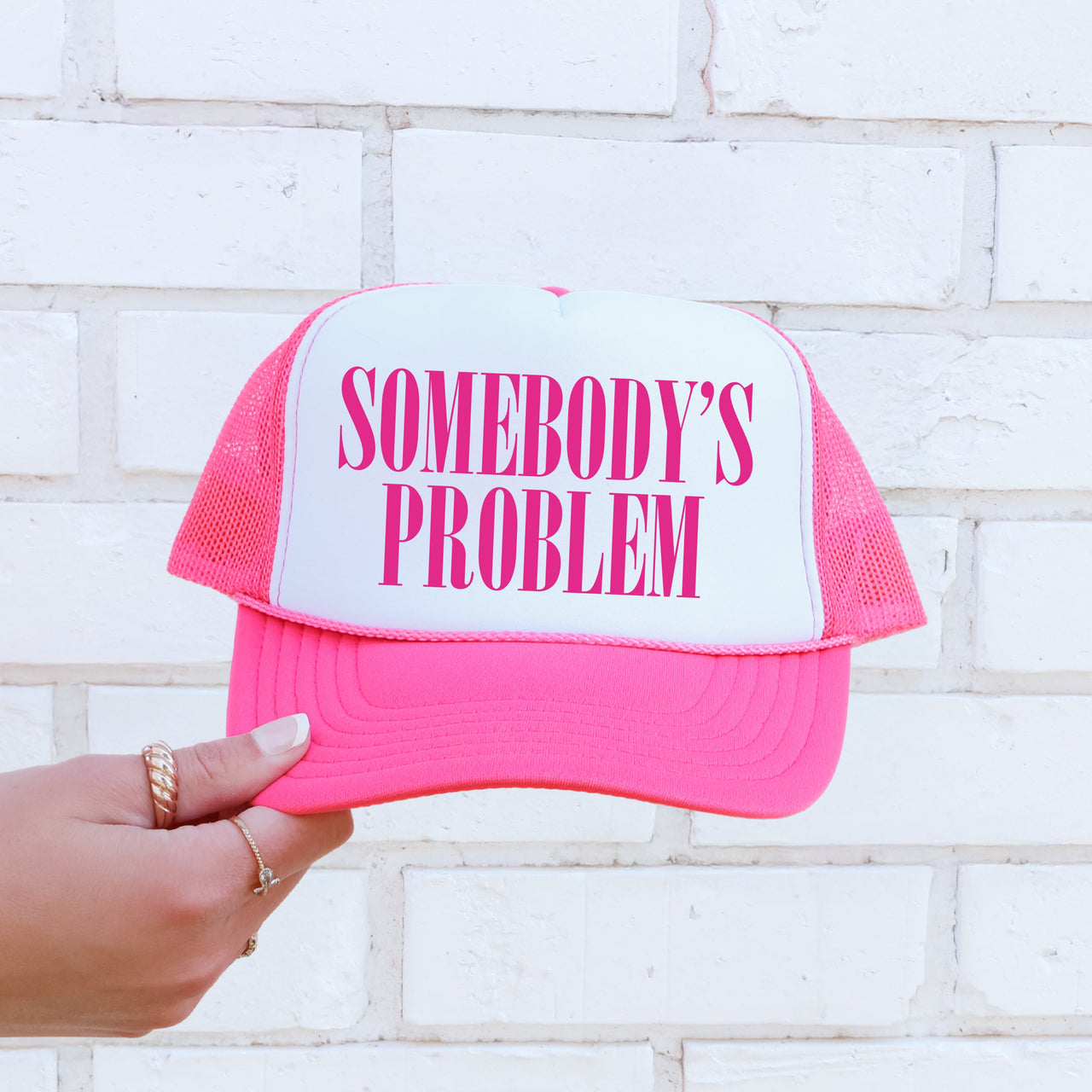 Somebody’s Problem Sassy Funny Bright Pink Snapback Statement Graphic Trucker Hat