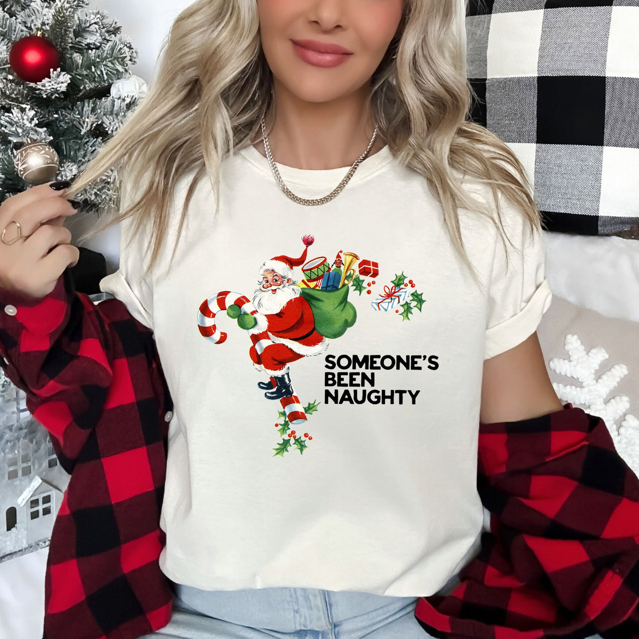 Someone's Been Naughty Santa Retro Christmas Graphic Tee With Vintage Illustration