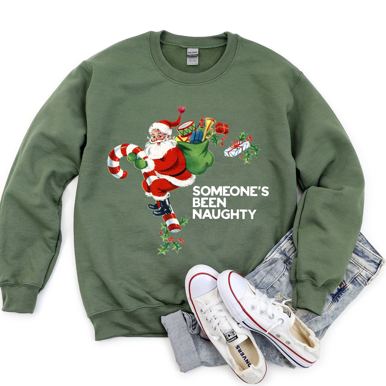 Someone's Been Naughty Santa Christmas Holiday Edition Festive Cozy Graphic Sweatshirt