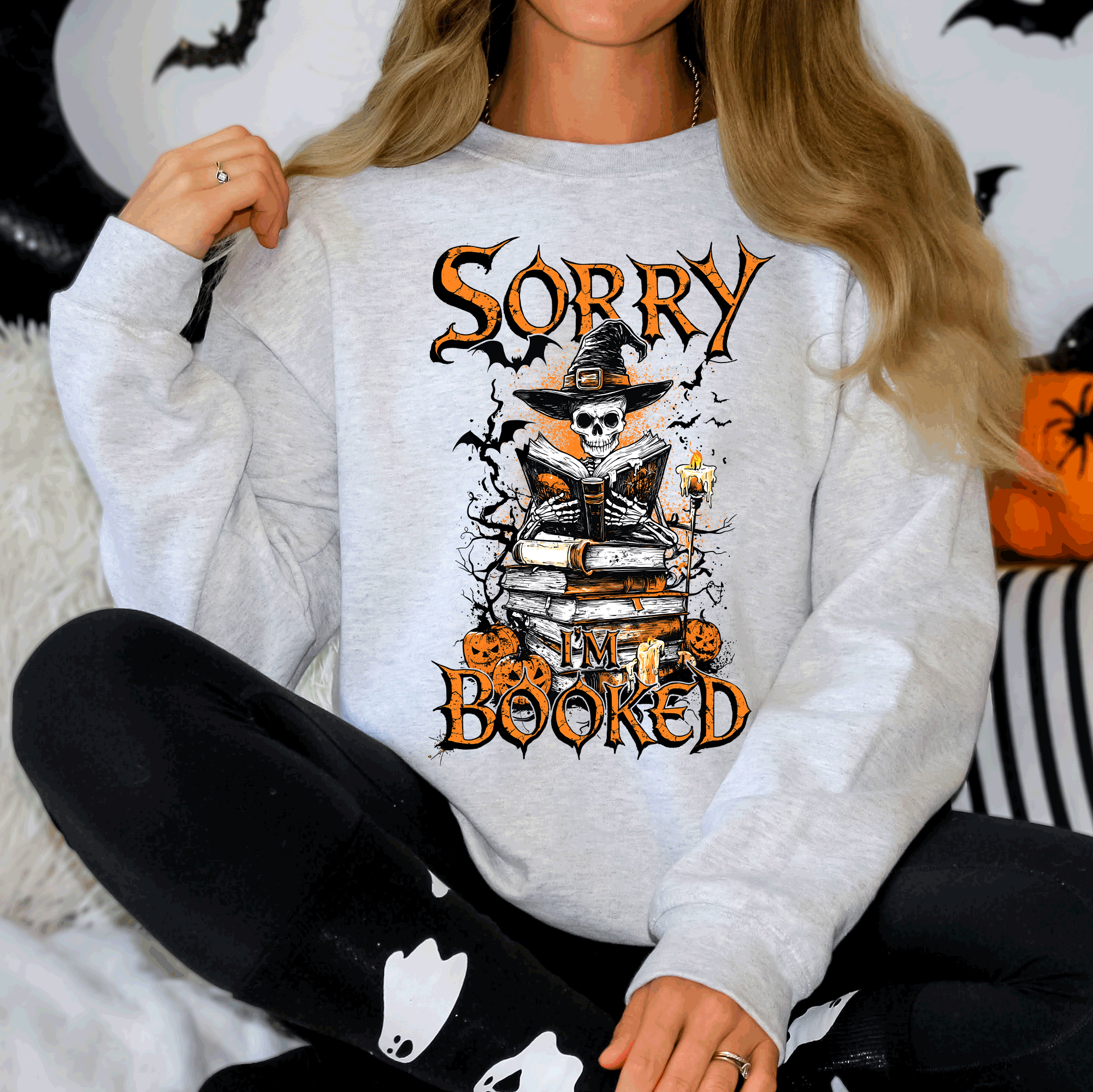 Sorry I'm Booked, Skeleton, Halloween, Library, Reading, Spooky Book Club Vibe Sweatshirt