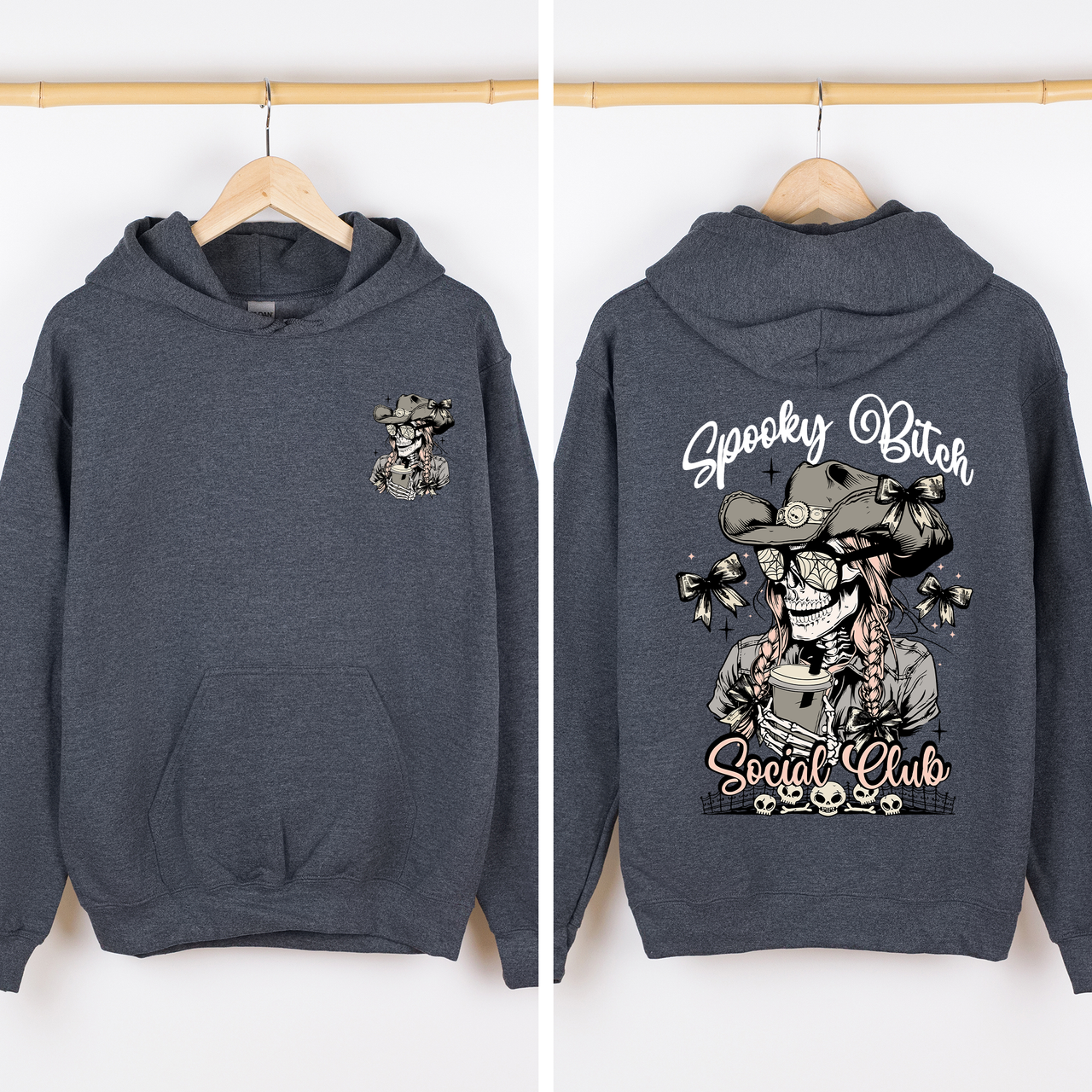 Spooky Bitch Social Club Skeleton Coquette Halloween Retro Goth Vintage Noir Graphic Hoodie