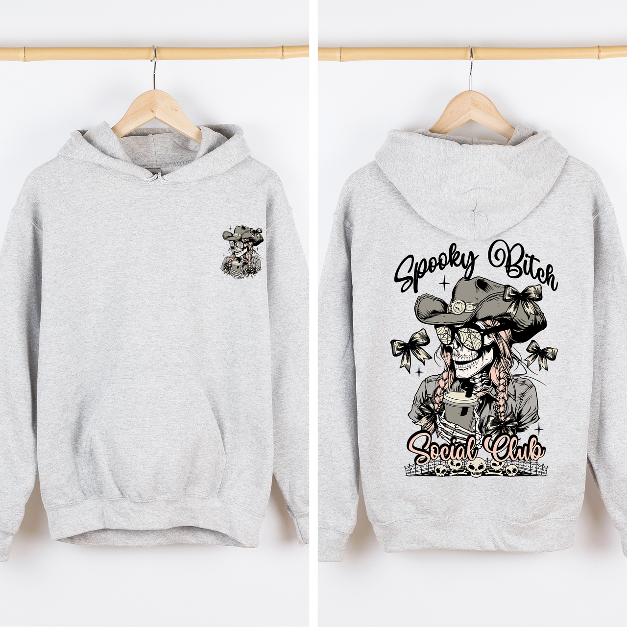 Spooky Bitch Social Club Skeleton Coquette Halloween Retro Goth Vintage Noir Graphic Hoodie