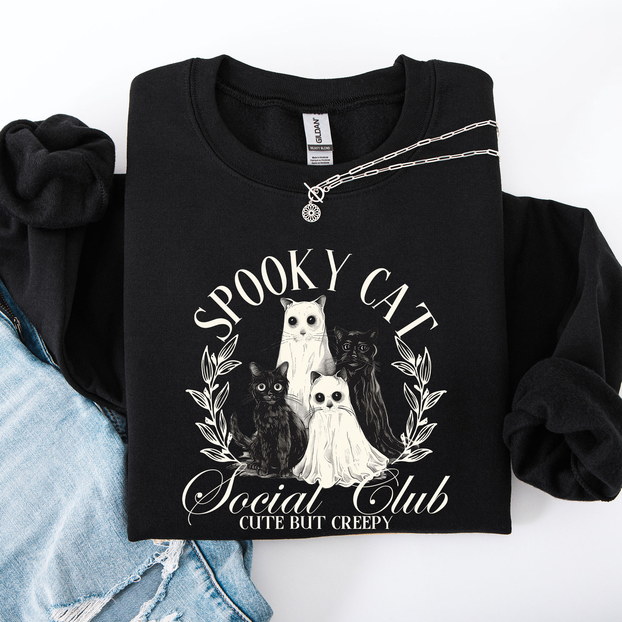 Spooky Cat Social Club Halloween Ghosts Witch Cozy Fleece Printed Graphic Premium Comfort Edition Sweatshirt