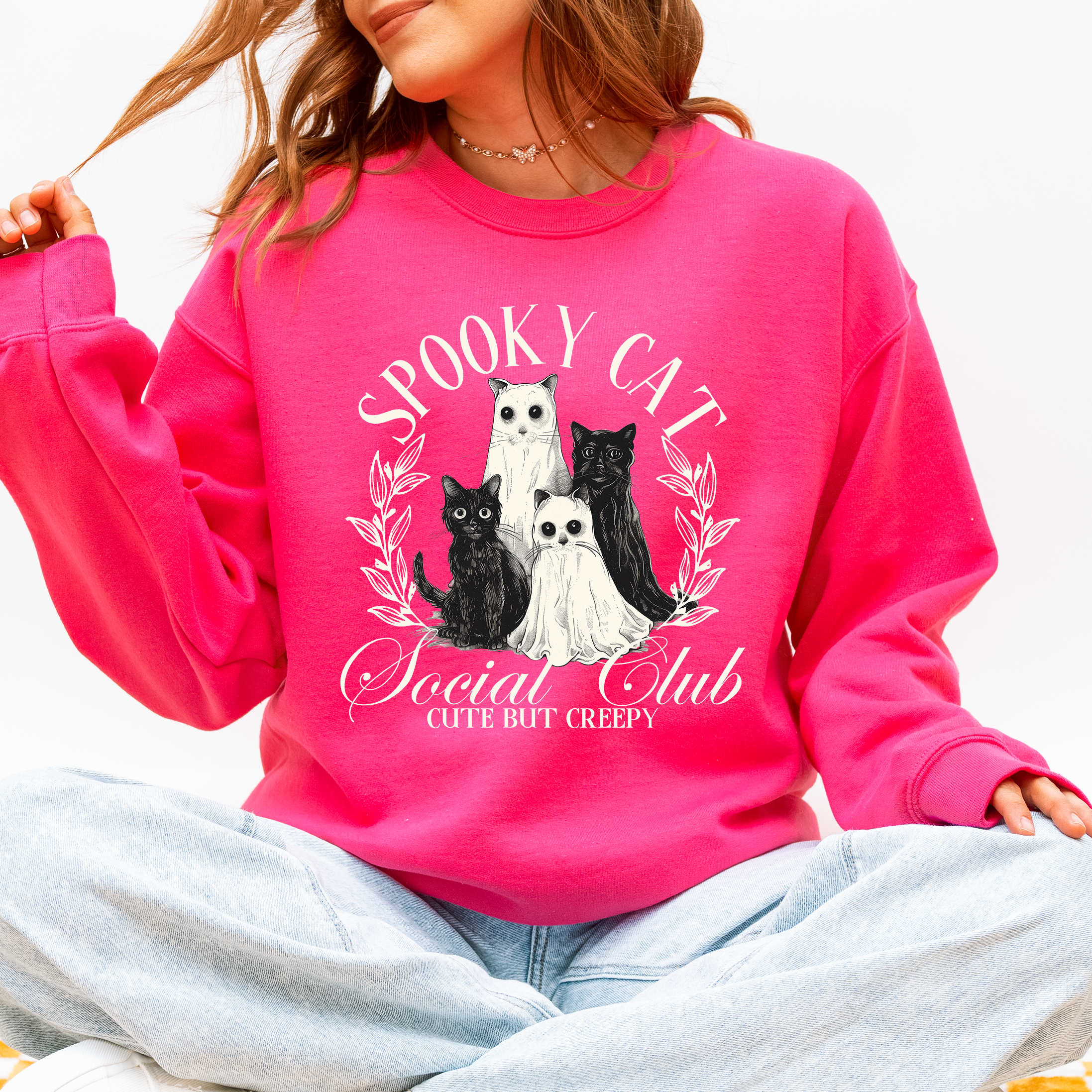 Spooky Cat Social Club Halloween Ghosts Witch Cozy Fleece Printed Graphic Premium Comfort Edition Sweatshirt