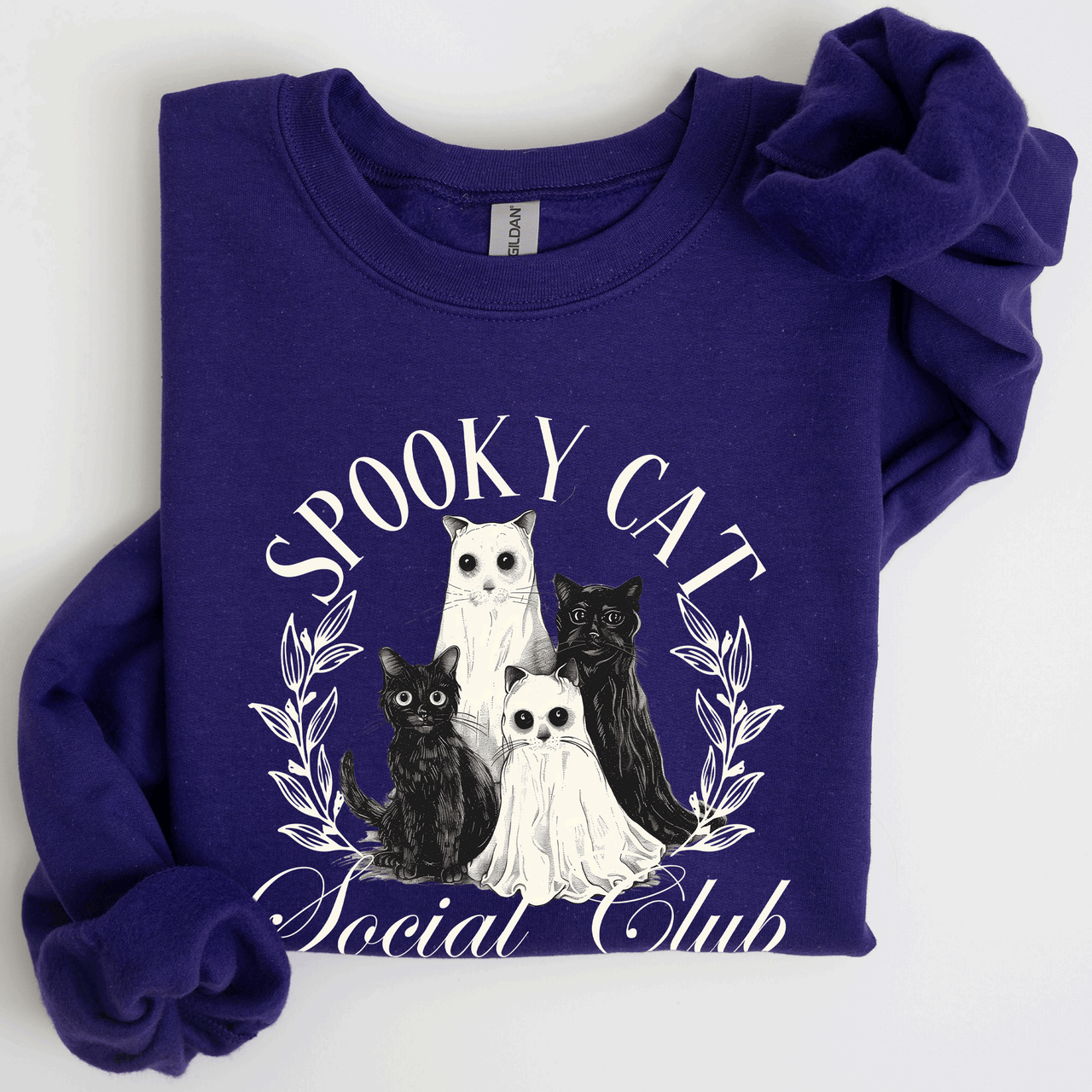 Spooky Cat Social Club Halloween Ghosts Witch Cozy Fleece Printed Graphic Premium Comfort Edition Sweatshirt