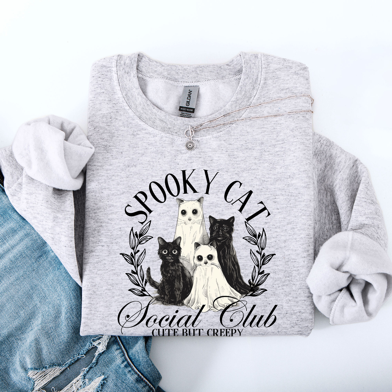 Spooky Cat Social Club Halloween Ghosts Witch Cozy Fleece Printed Graphic Premium Comfort Edition Sweatshirt