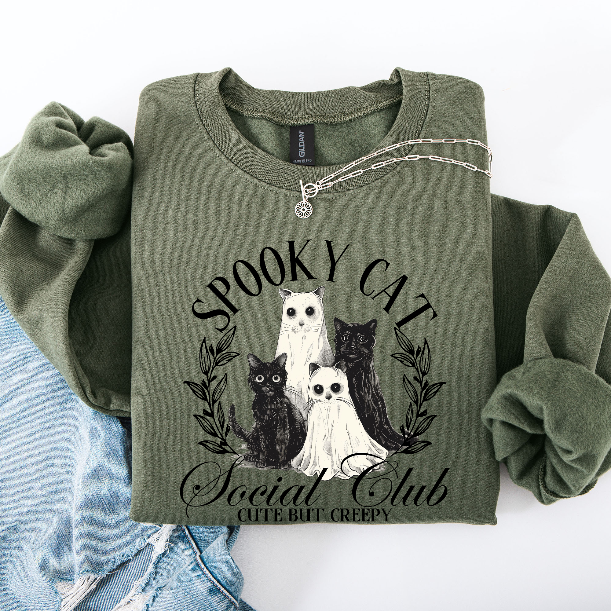 Spooky Cat Social Club Halloween Ghosts Witch Cozy Fleece Printed Graphic Premium Comfort Edition Sweatshirt