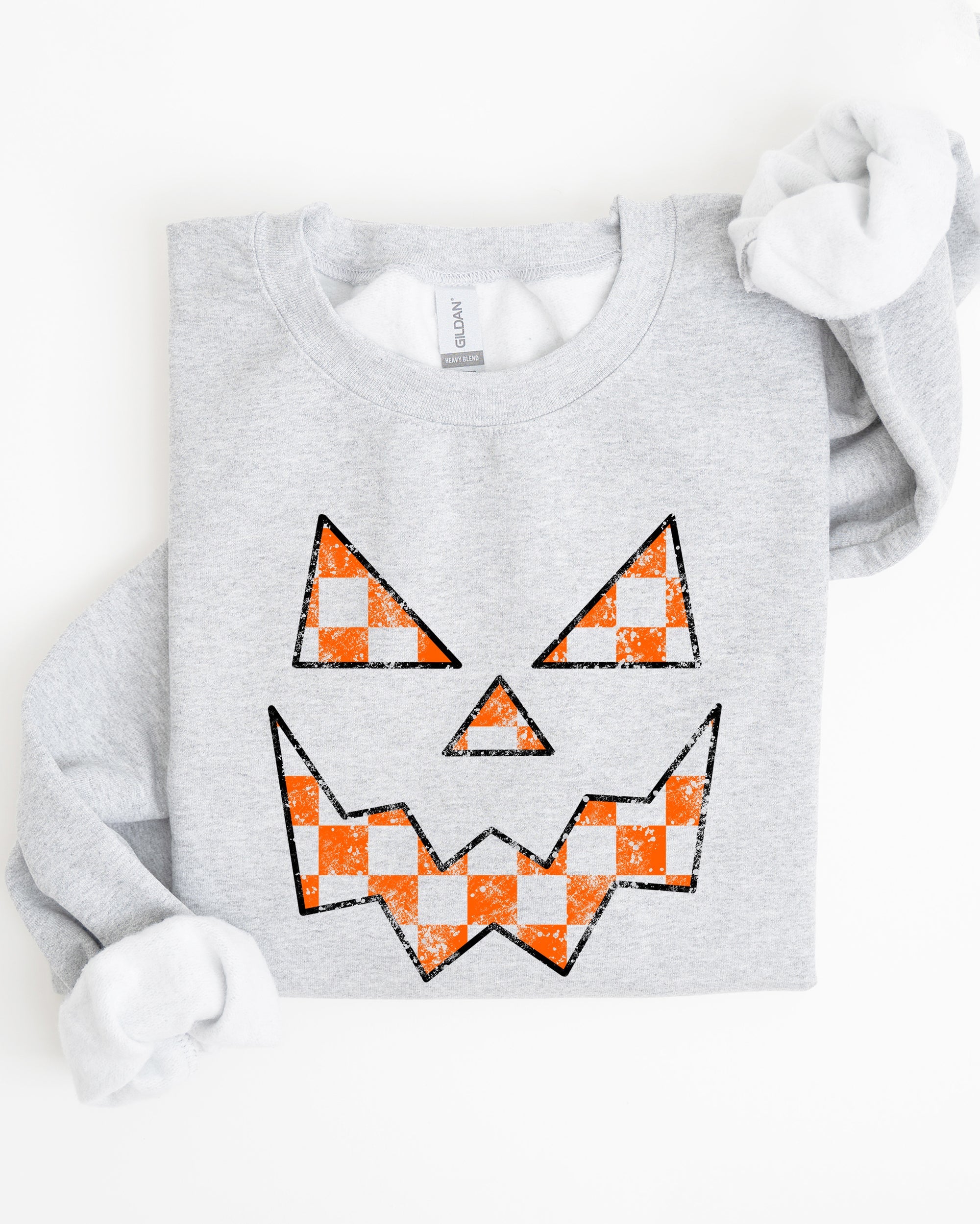 Spooky Jack-O-Lantern Retro Halloween Pumpkin Checkered Graphic Cozy Seasonal Sweatshirt