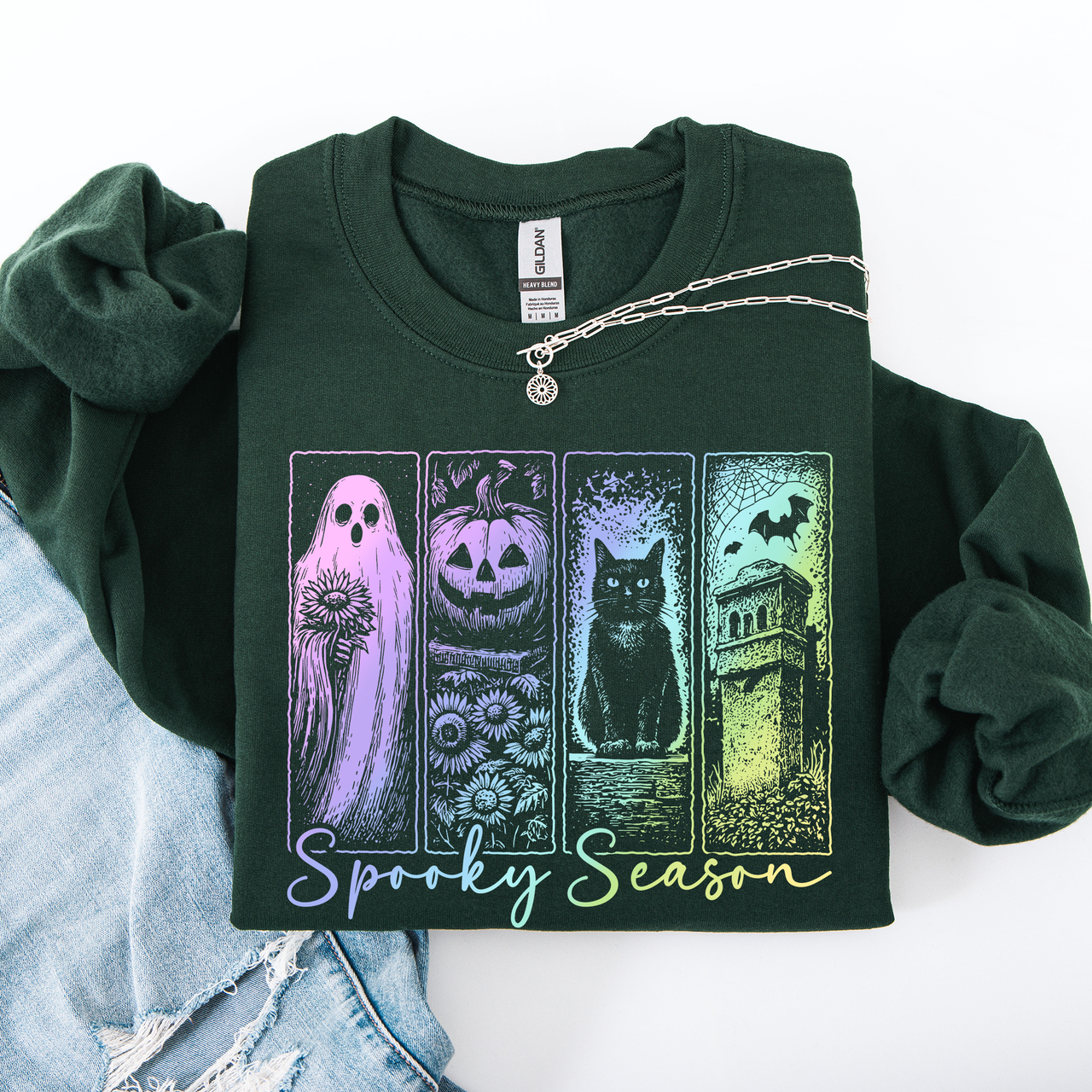 Spooky Season Graphic Sweatshirt With Retro Halloween Pastel Ghost Design And Faux Denim Accent