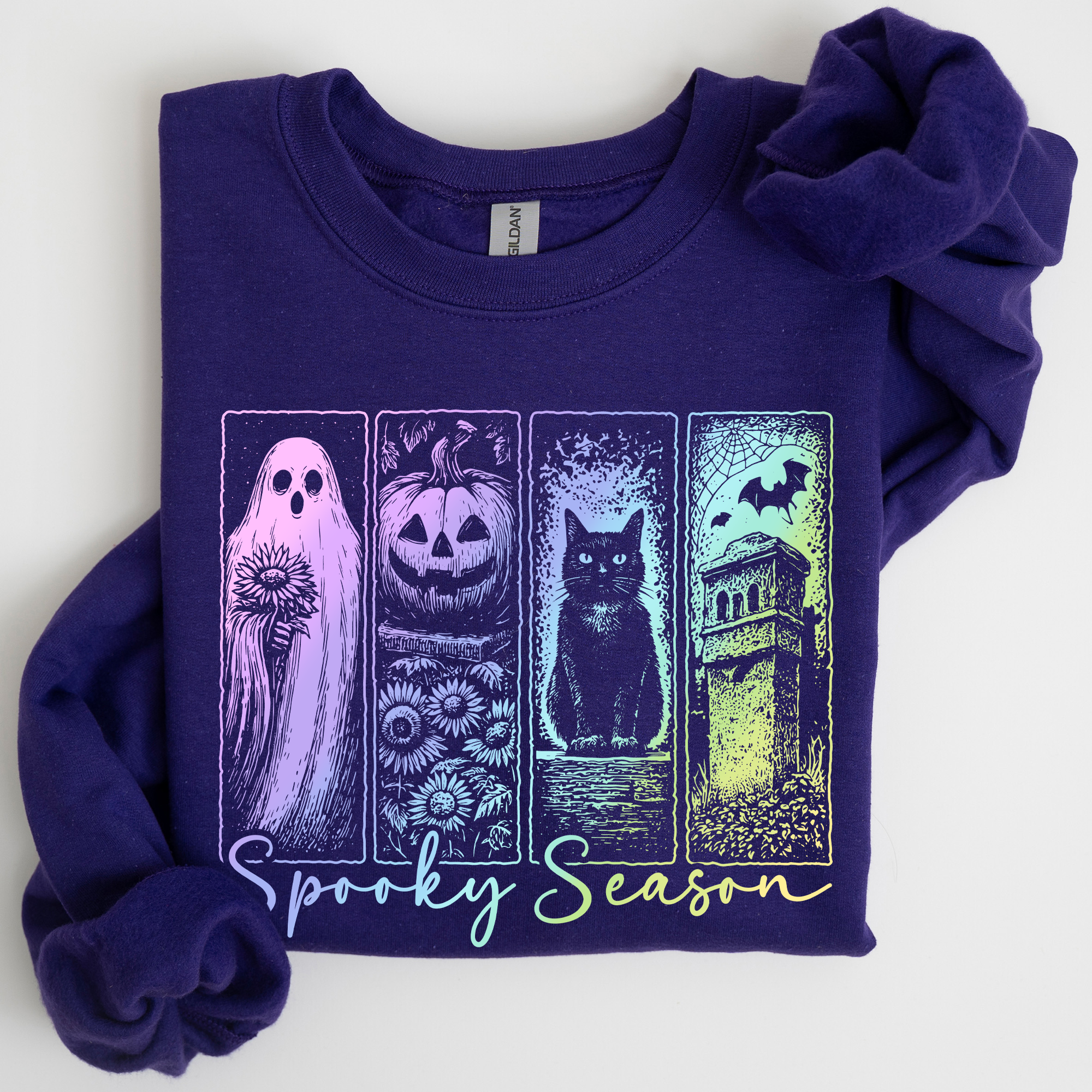 Spooky Season Graphic Sweatshirt With Retro Halloween Pastel Ghost Design And Faux Denim Accent
