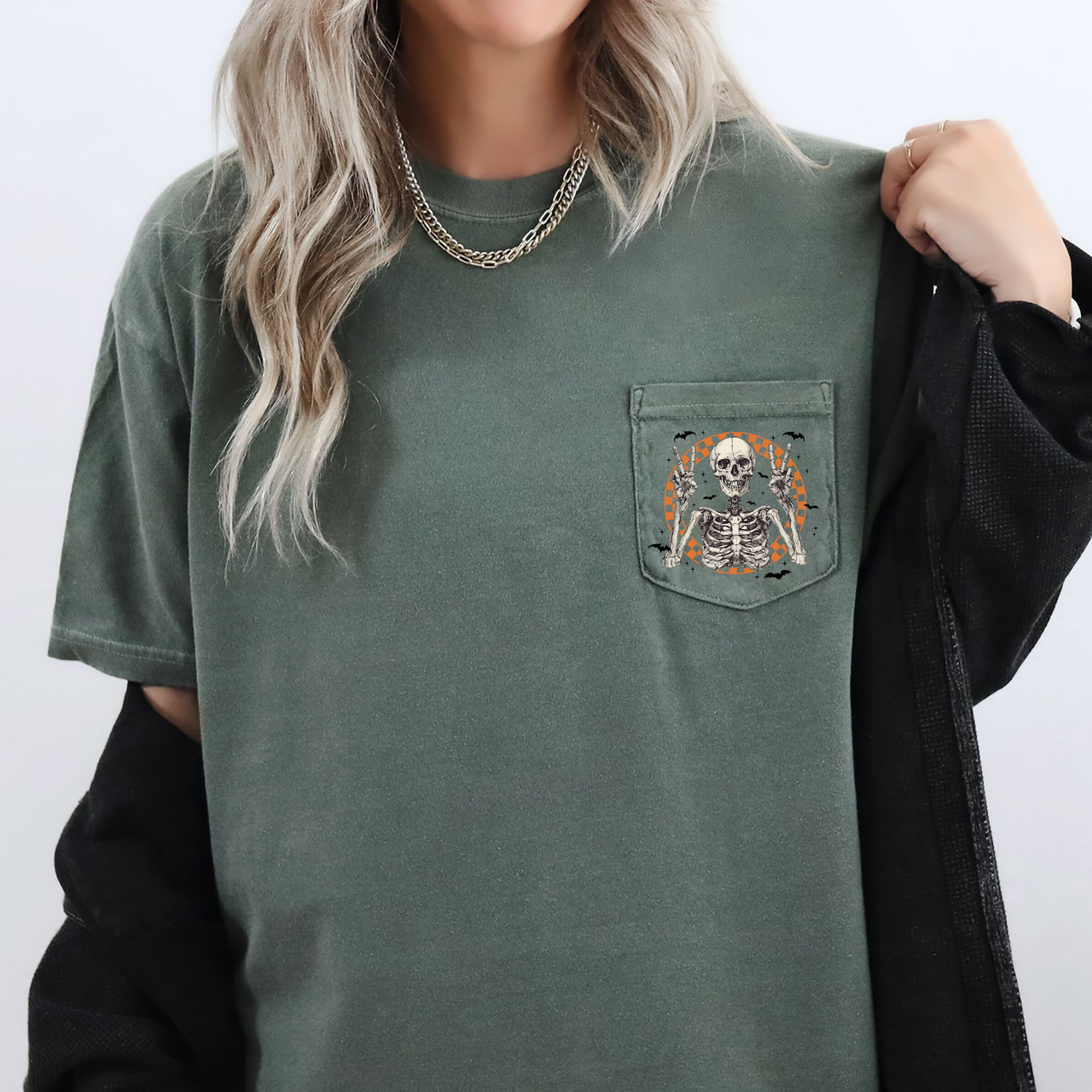 Skeleton Peace Checkered Halloween Pocket Juggling Jack-O'-Lanterns Comfort Colors Tee