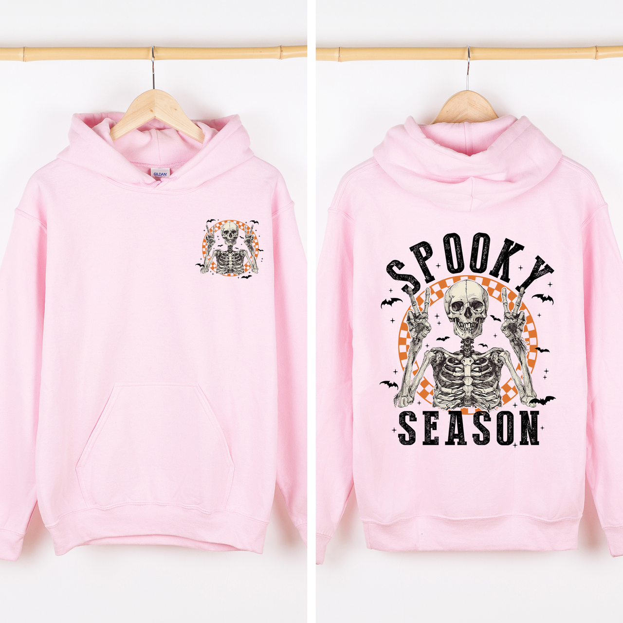 Spooky Season Front And Back Skeleton With Ghosts And Witch Motifs Halloween Themed Hoodie