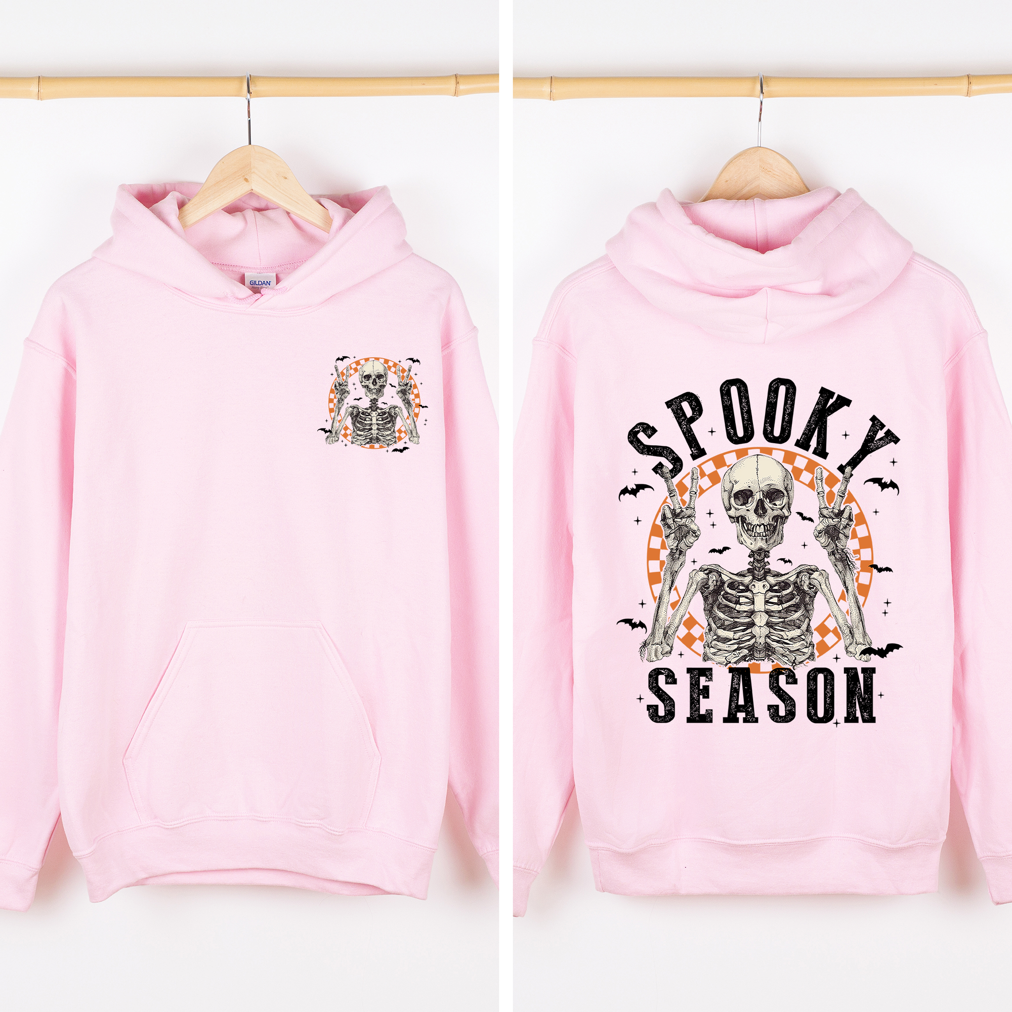 Spooky Season Front And Back Skeleton With Ghosts And Witch Motifs Halloween Themed Hoodie