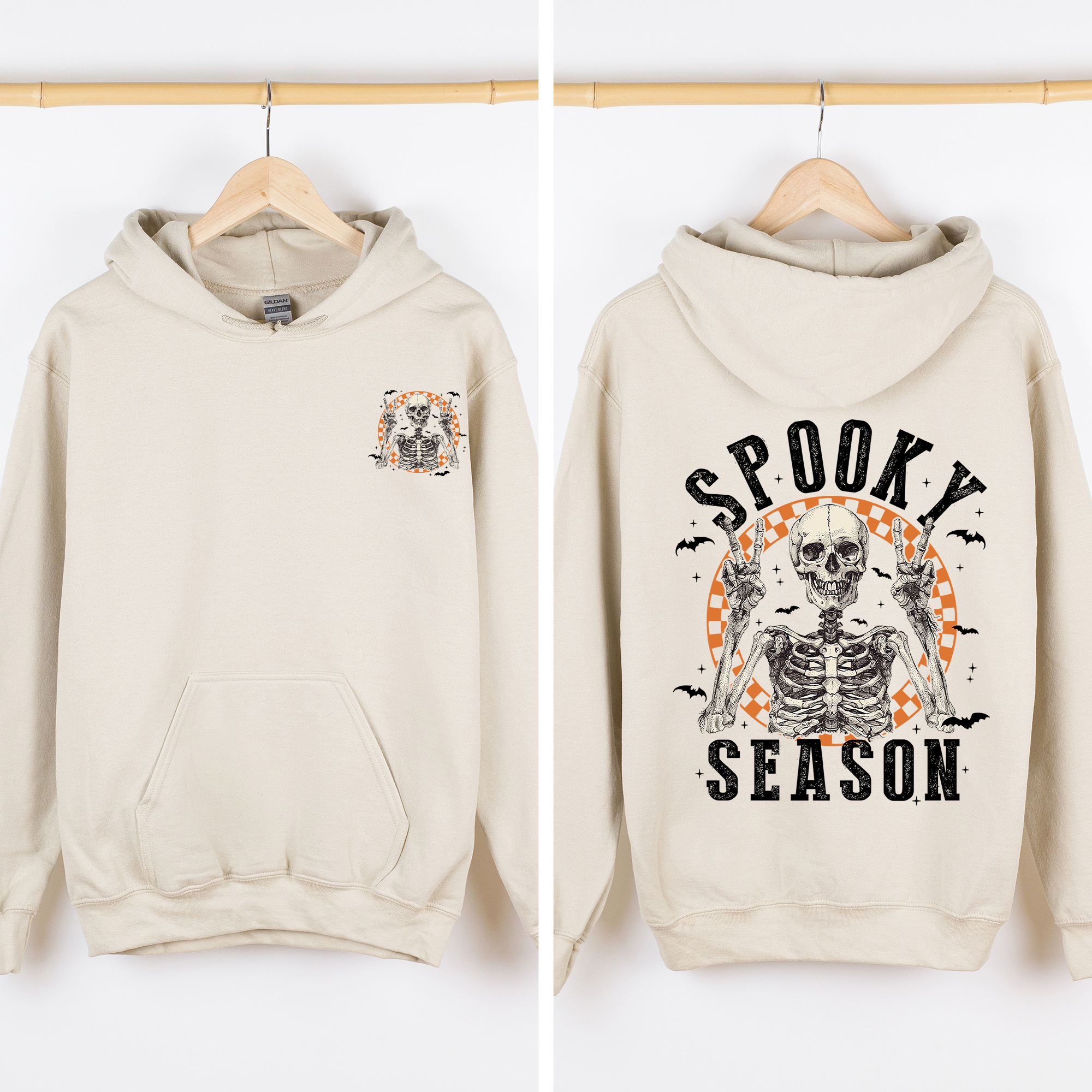 Spooky Season Front And Back Skeleton With Ghosts And Witch Motifs Halloween Themed Hoodie
