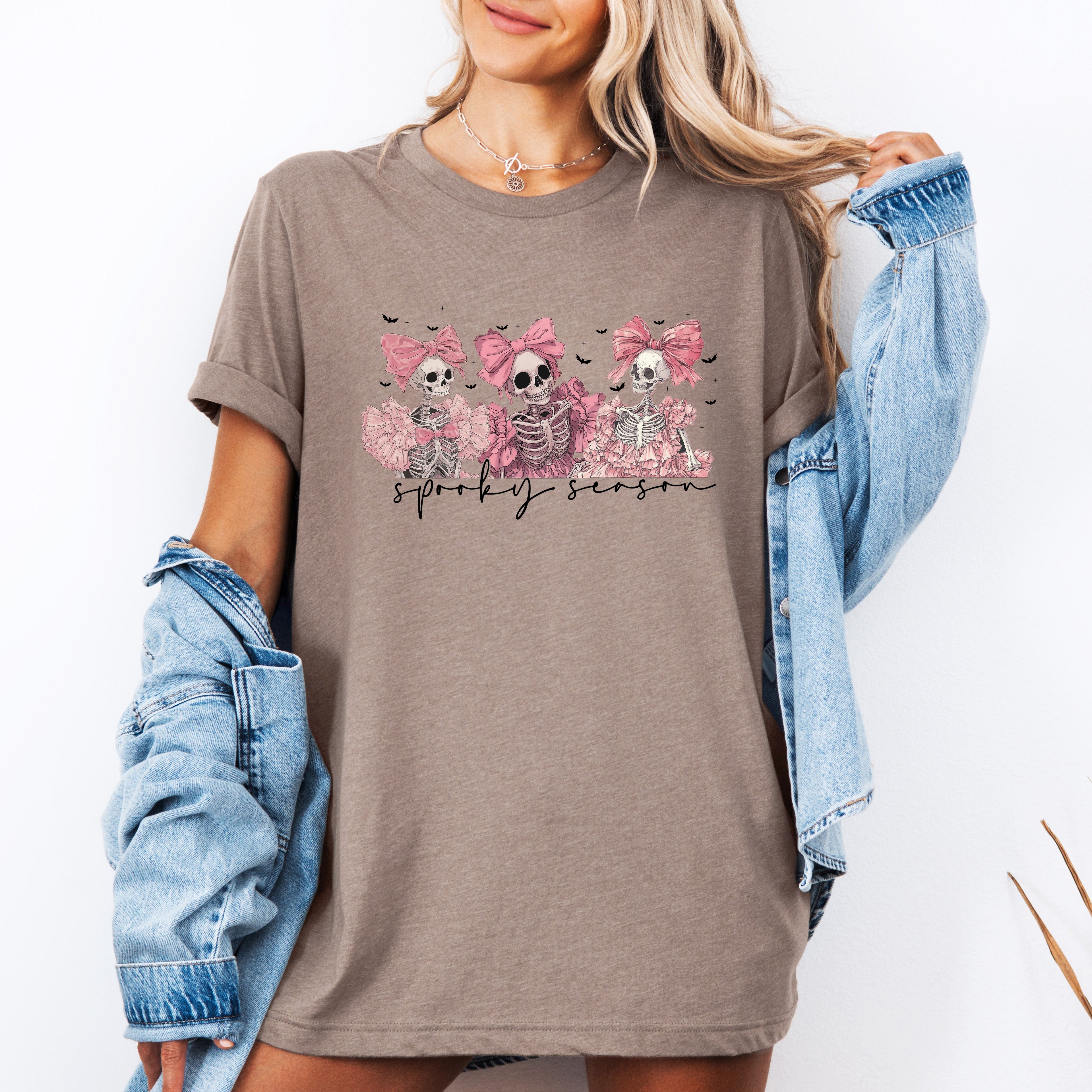 Spooky Season Skeletons Cute Coquette Ribbon Bows Halloween Limited Edition Graphic Tee