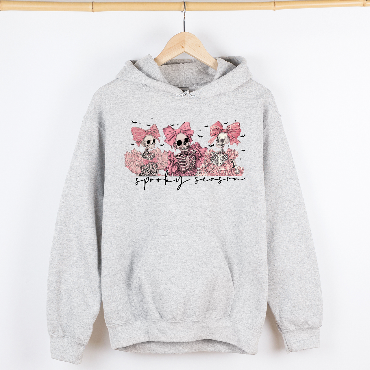 Spooky Season Pink Skeletons Cute Coquette Ribbon Bows Halloween Graphic Hooded Sweatshirt