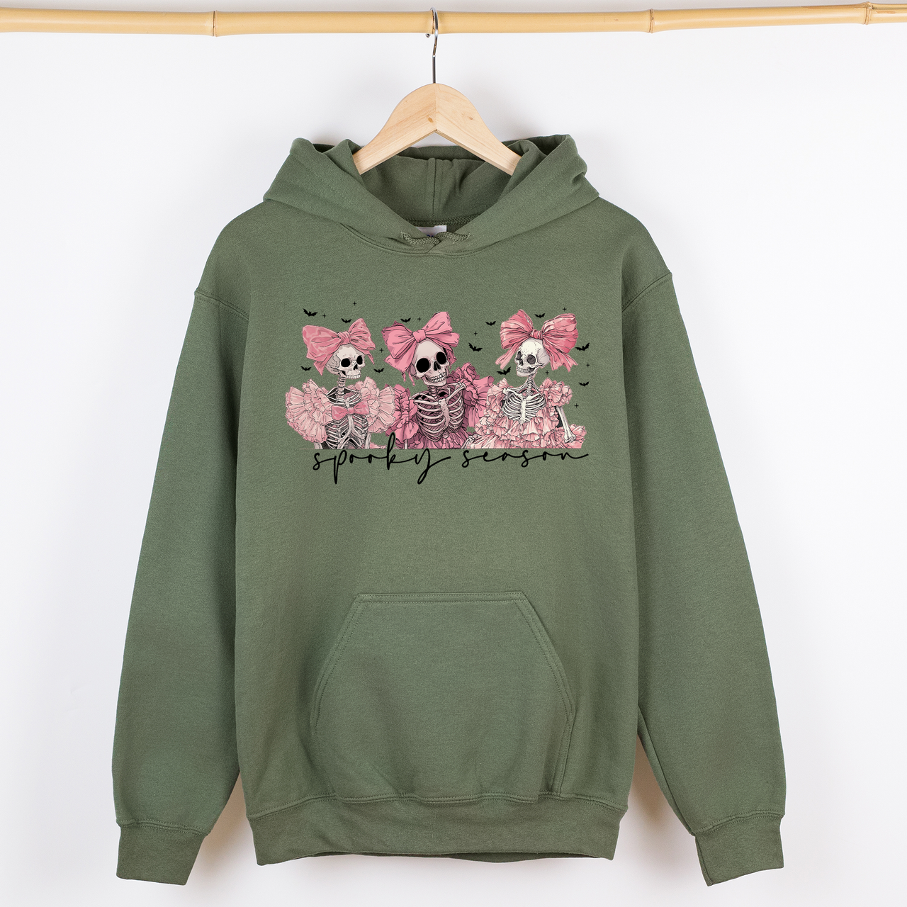 Spooky Season Pink Skeletons Cute Coquette Ribbon Bows Halloween Graphic Hooded Sweatshirt