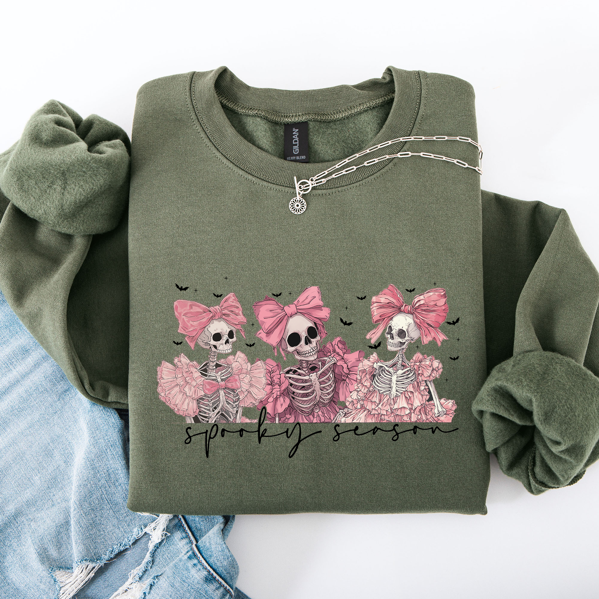 Spooky Season Pink Skeletons Coquette Ribbon Bows Halloween Gothic Whimsy Sweatshirt