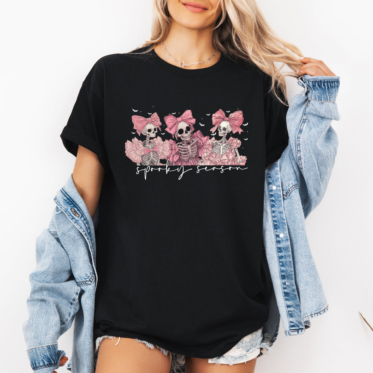 Spooky Season Skeletons Cute Coquette Ribbon Bows Halloween Limited Edition Graphic Tee