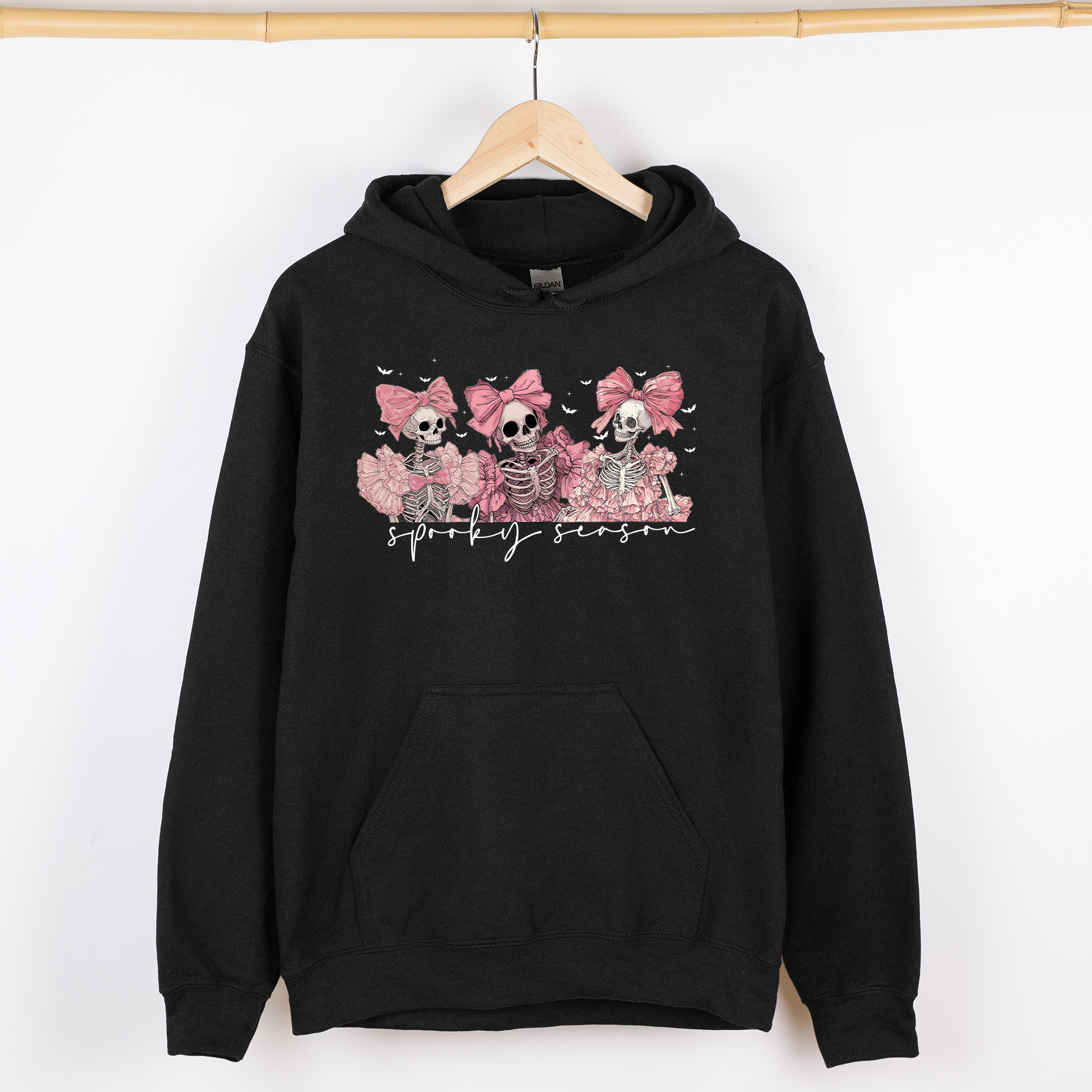 Spooky Season Pink Skeletons Cute Coquette Ribbon Bows Halloween Graphic Hooded Sweatshirt