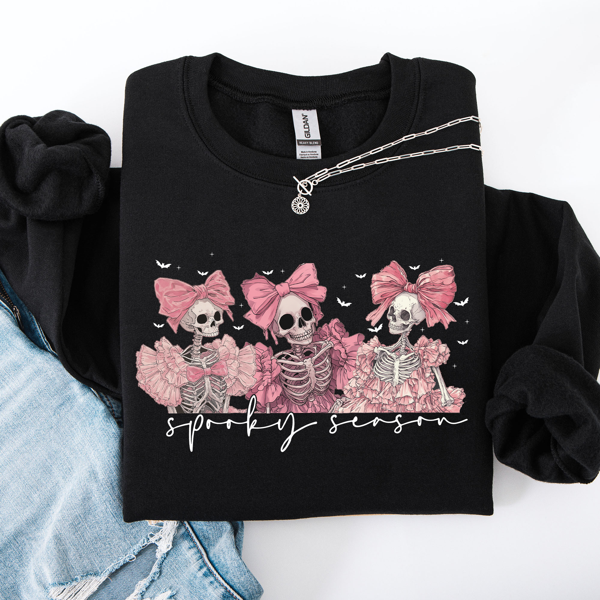 Spooky Season Pink Skeletons Coquette Ribbon Bows Halloween Gothic Whimsy Sweatshirt