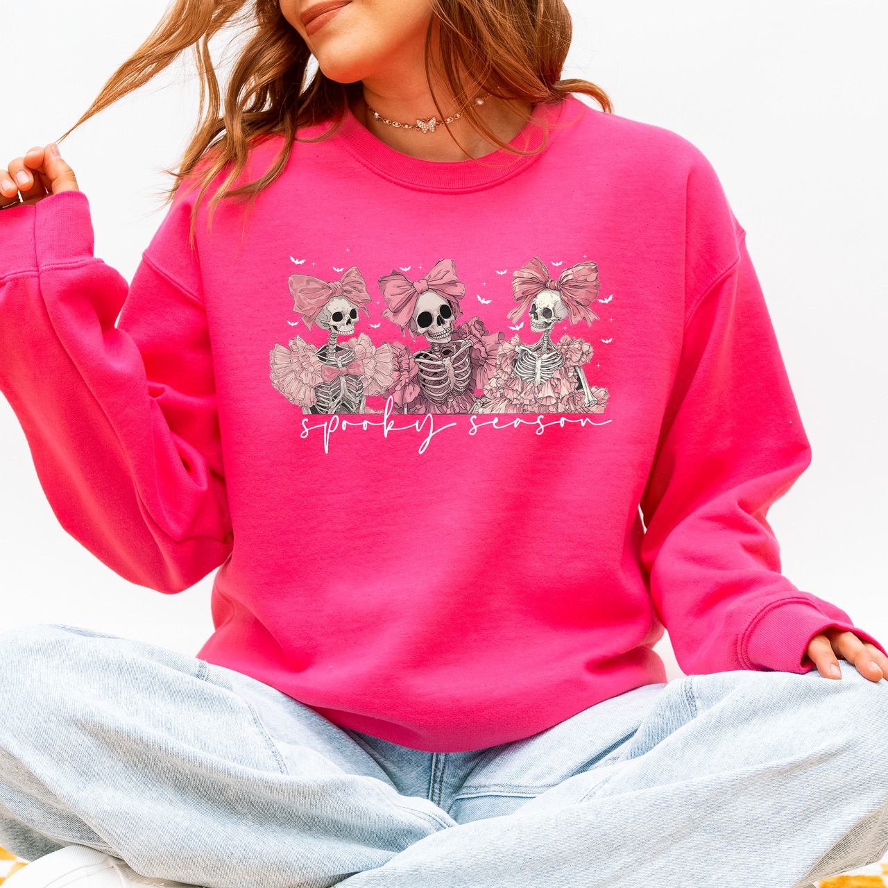 Spooky Season Pink Skeletons Coquette Ribbon Bows Halloween Gothic Whimsy Sweatshirt