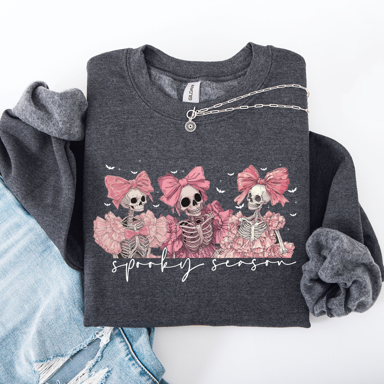 Spooky Season Pink Skeletons Coquette Ribbon Bows Halloween Gothic Whimsy Sweatshirt