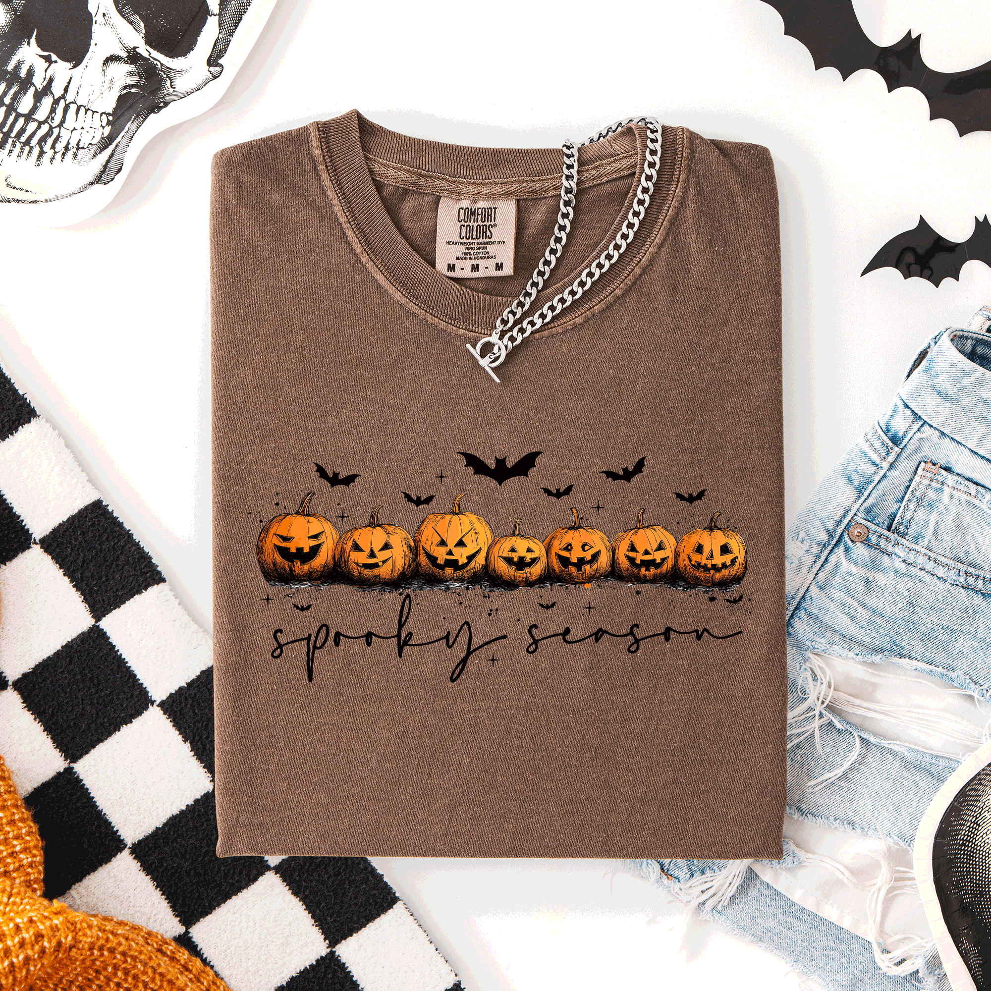 Spooky Season Pumpkins Halloween Pink Skeletons With Bow Adornments Comfort Colors Tee