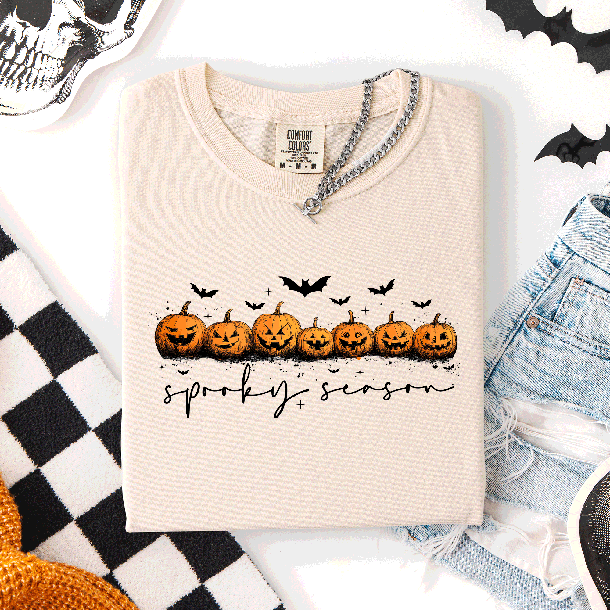 Spooky Season Pumpkins Halloween Pink Skeletons With Bow Adornments Comfort Colors Tee