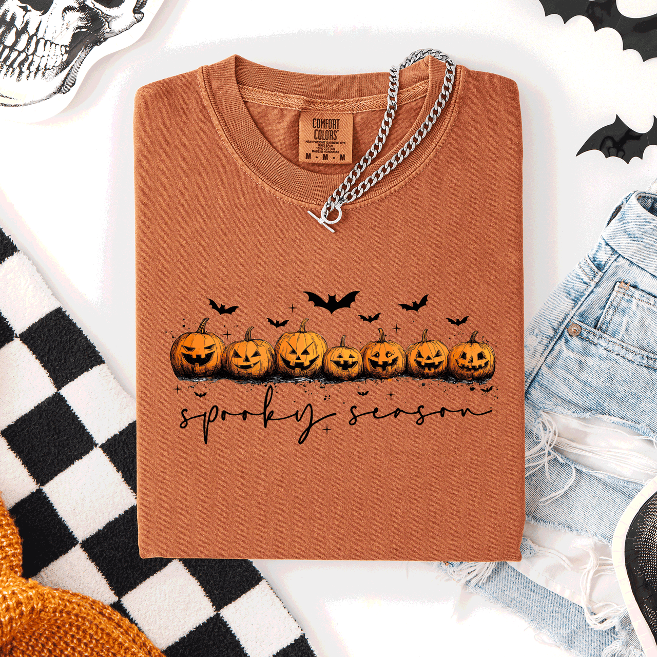 Spooky Season Pumpkins Halloween Pink Skeletons With Bow Adornments Comfort Colors Tee