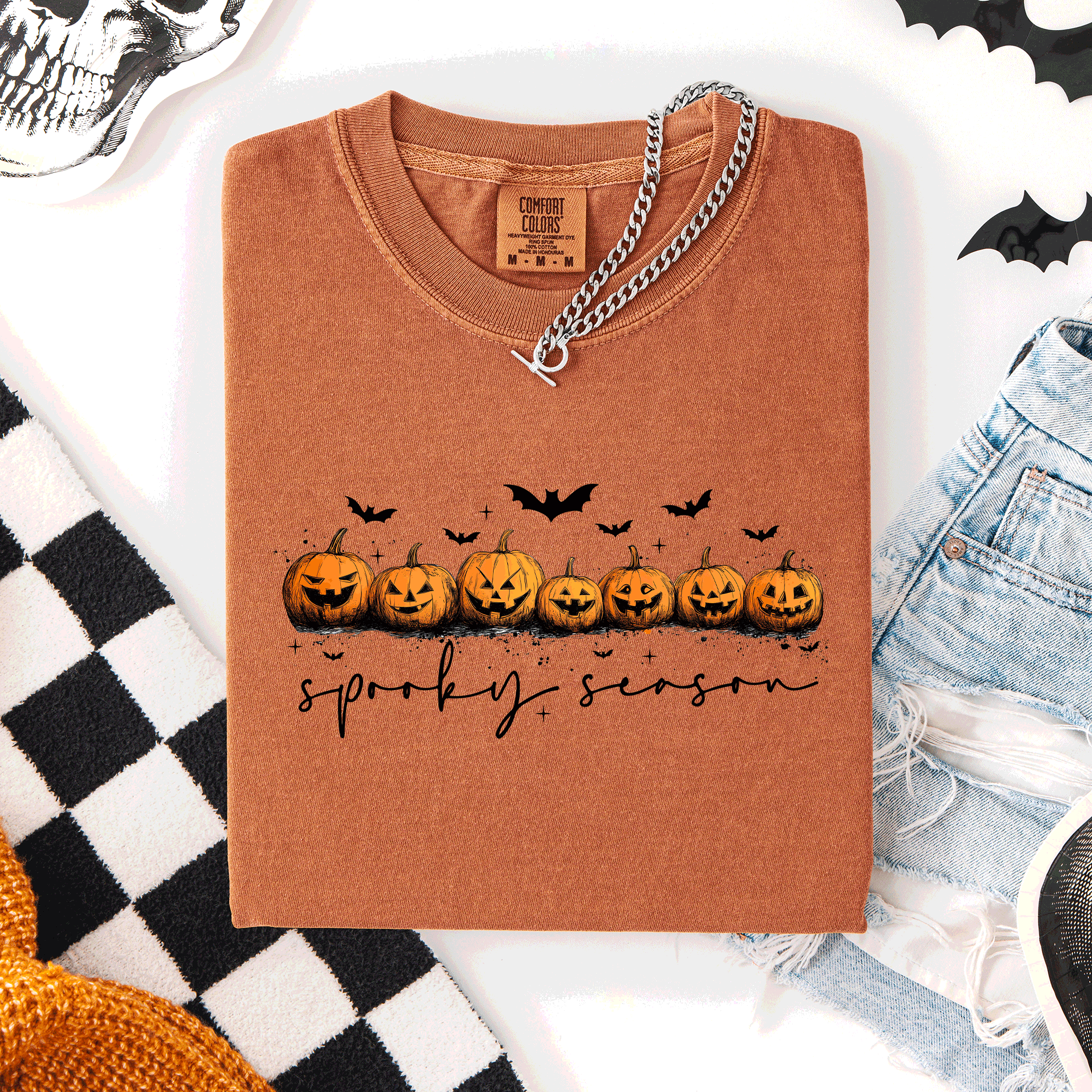 Spooky Season Pumpkins Halloween Pink Skeletons With Bow Adornments Comfort Colors Tee