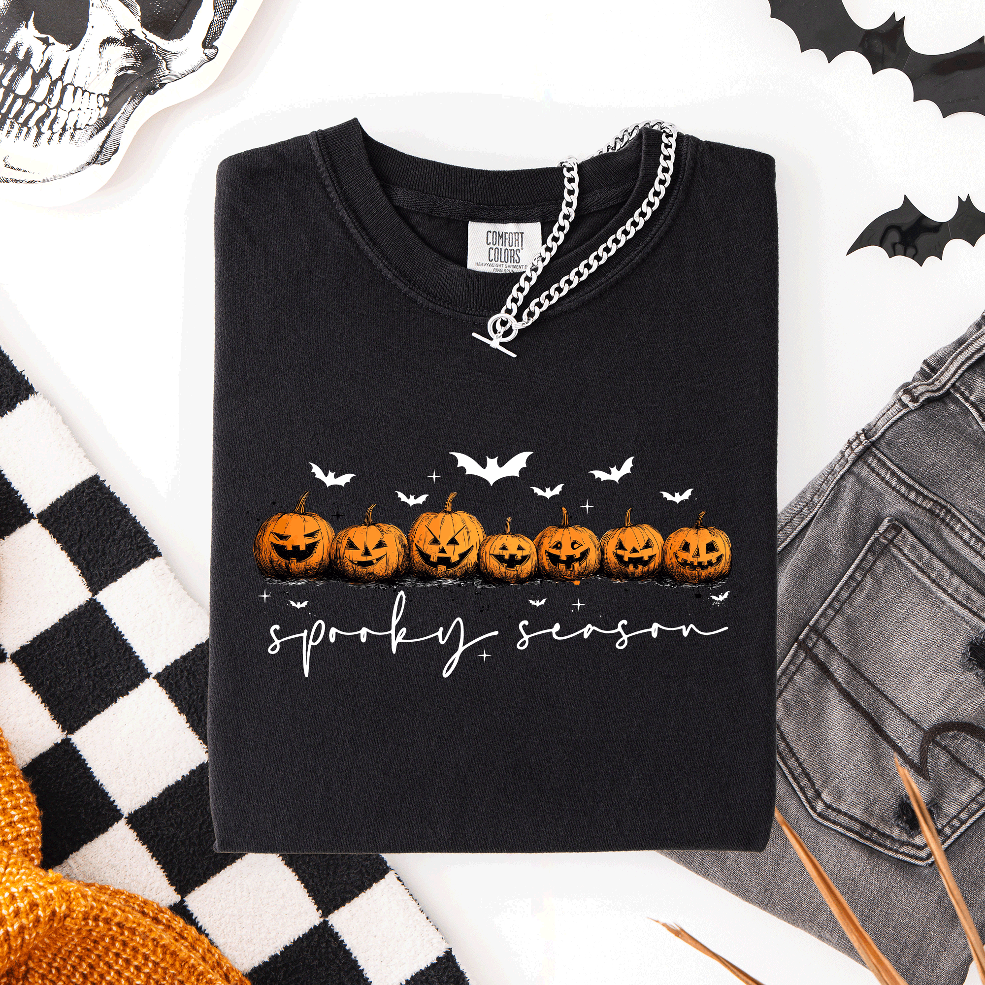 Spooky Season Pumpkins Halloween Pink Skeletons With Bow Adornments Comfort Colors Tee