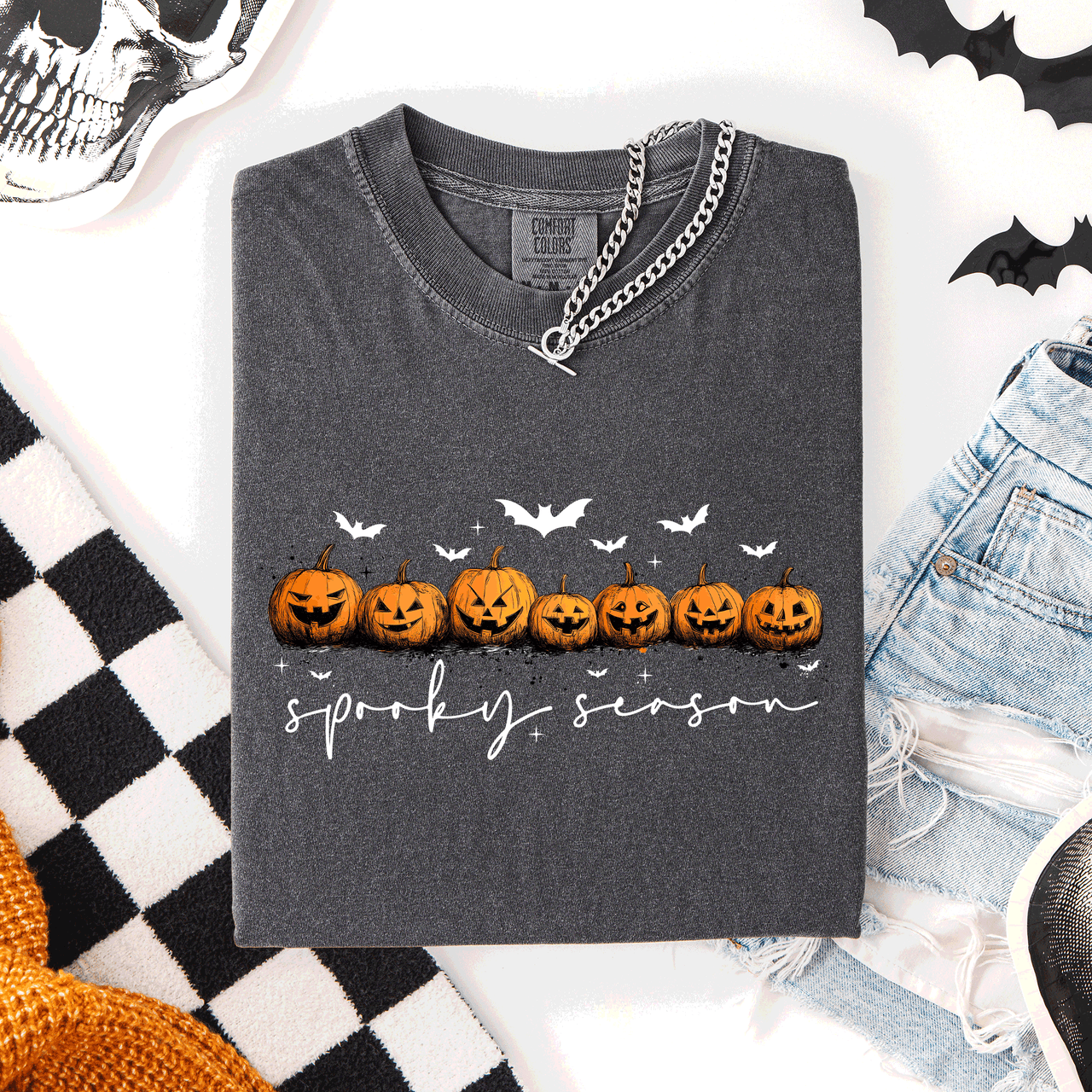 Spooky Season Pumpkins Halloween Pink Skeletons With Bow Adornments Comfort Colors Tee