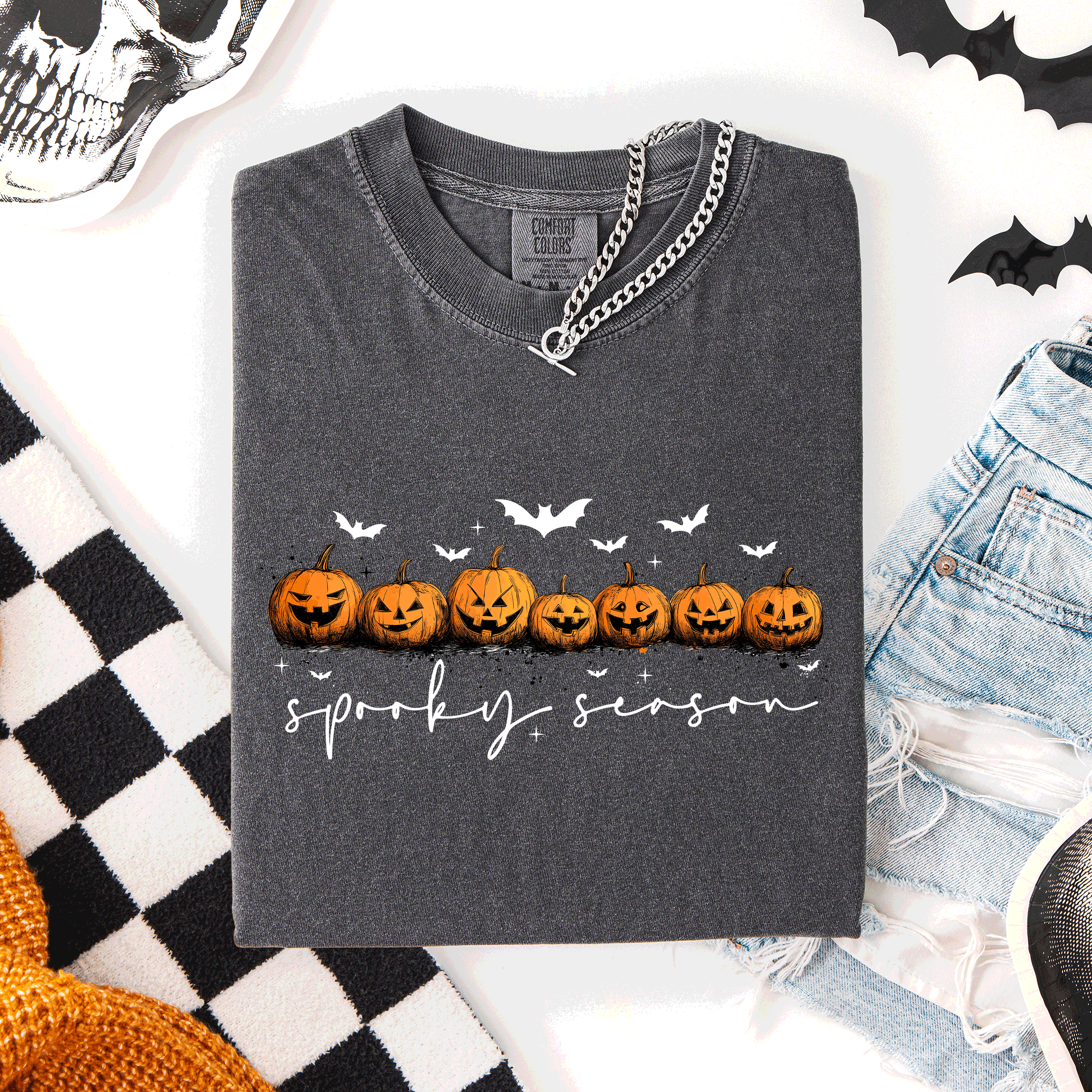 Spooky Season Pumpkins Halloween Pink Skeletons With Bow Adornments Comfort Colors Tee