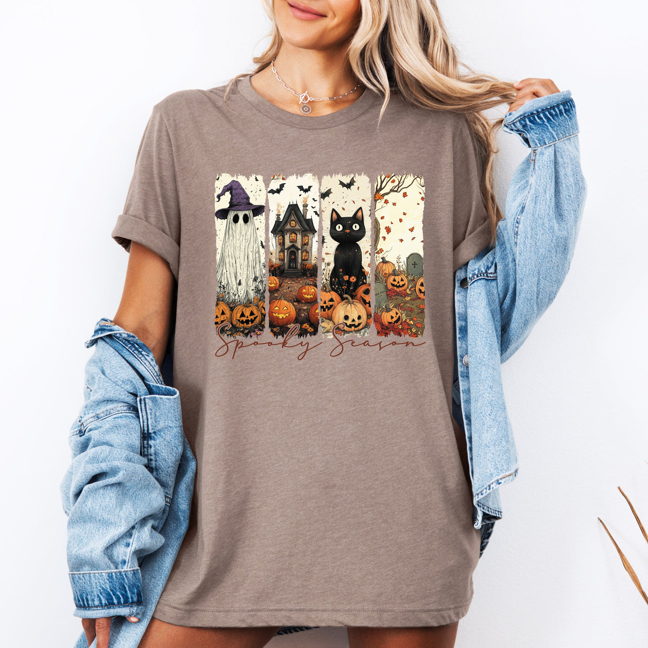 Spooky Season Stripes Halloween Cats Ghosts Pumpkins Autumn Whimsical Graphic Tee
