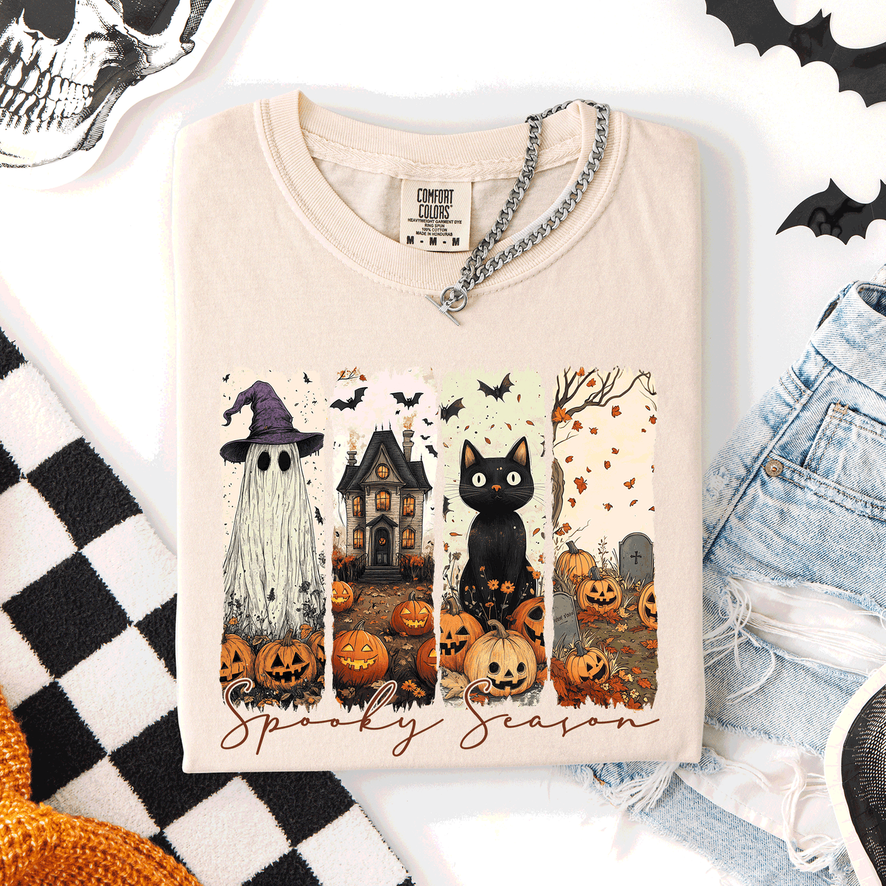 Spooky Season Stripes Halloween Cat Ghost Pumpkins Autumn Fall Comfort Colors Tee