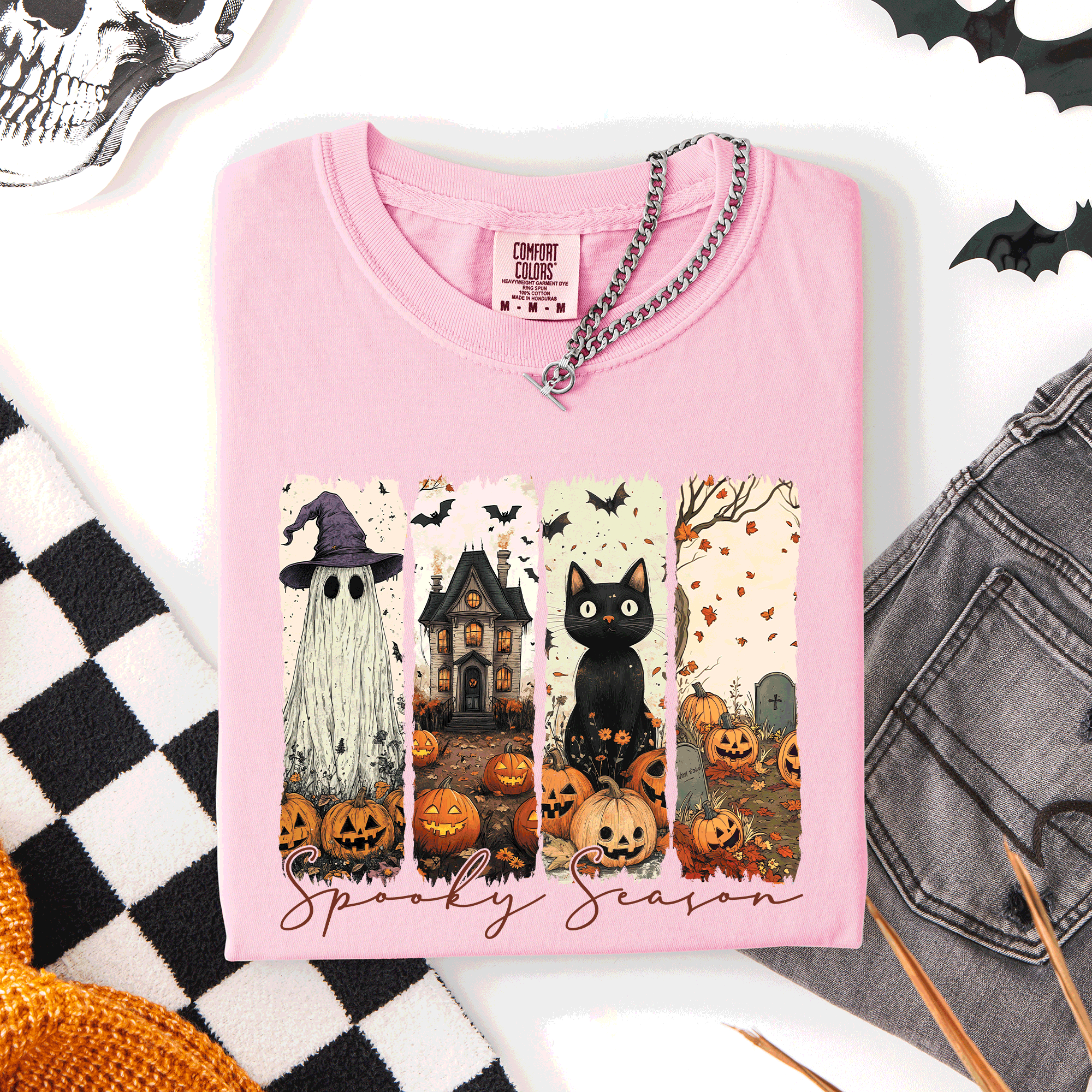 Spooky Season Stripes Halloween Cat Ghost Pumpkins Autumn Fall Comfort Colors Tee