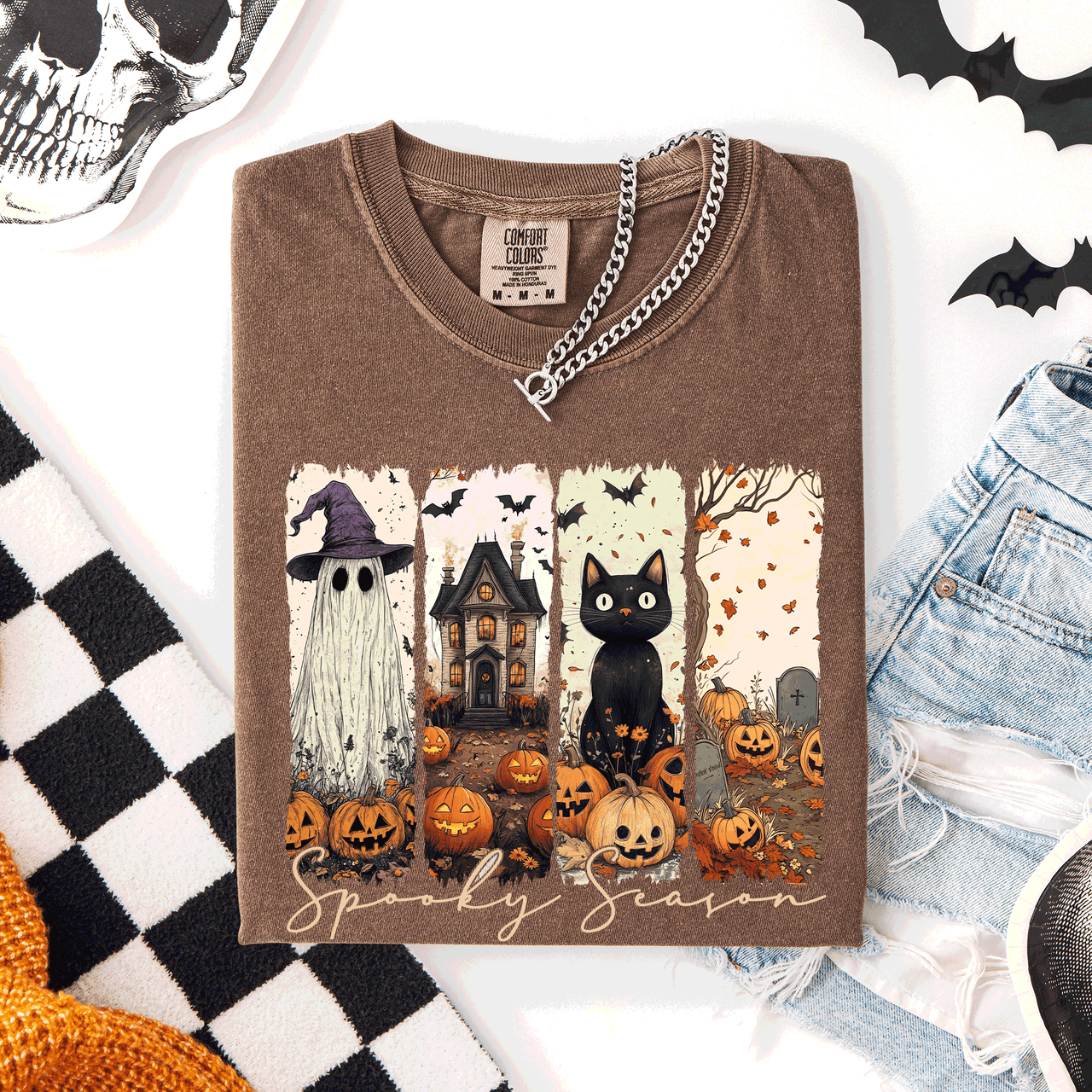 Spooky Season Stripes Halloween Cat Ghost Pumpkins Autumn Fall Comfort Colors Tee