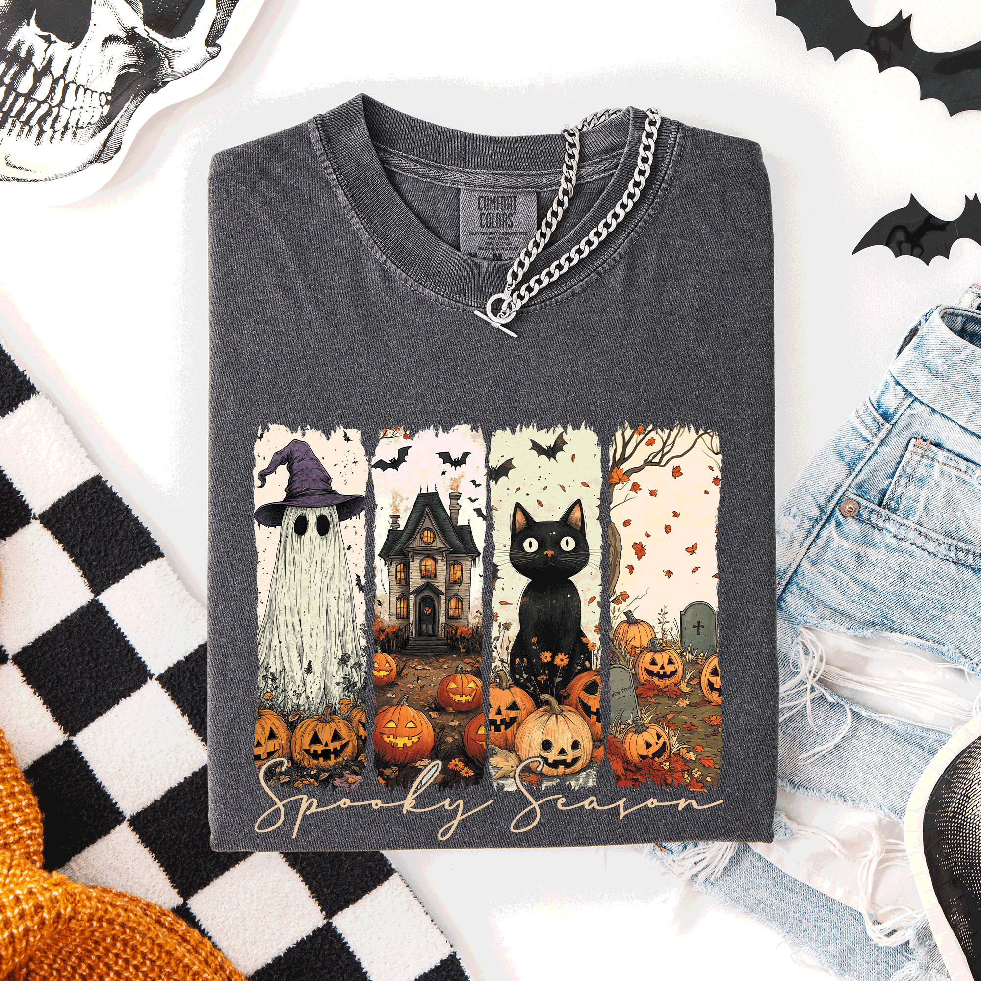 Spooky Season Stripes Halloween Cat Ghost Pumpkins Autumn Fall Comfort Colors Tee