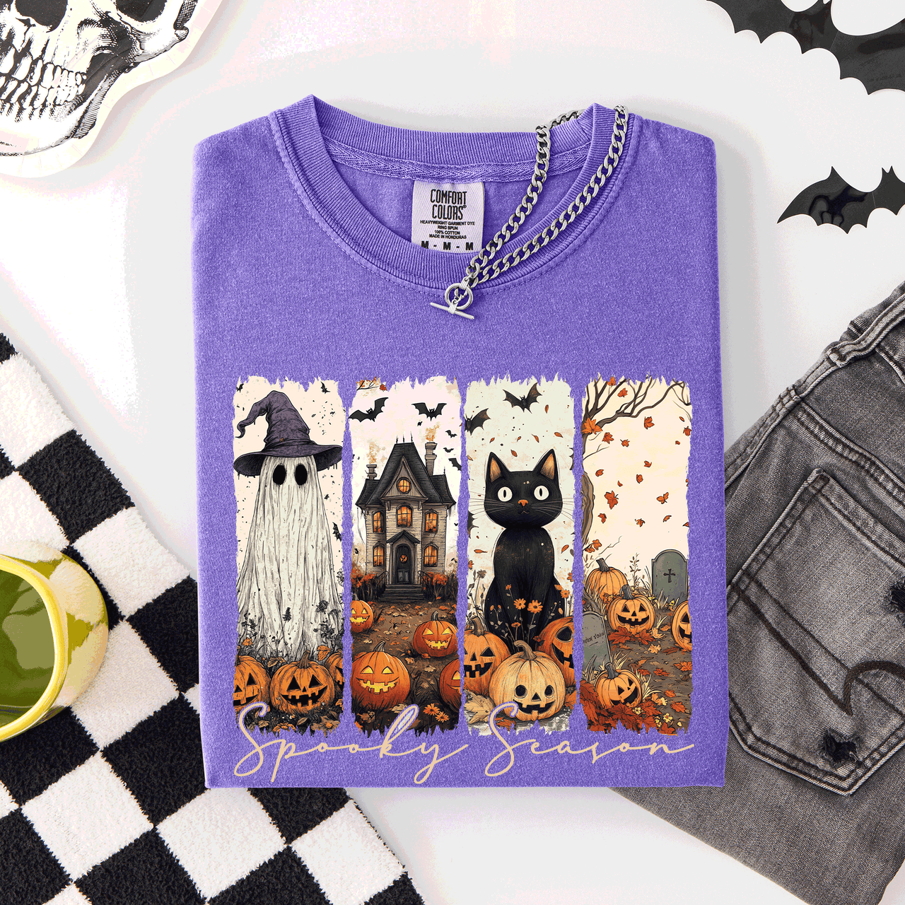 Spooky Season Stripes Halloween Cat Ghost Pumpkins Autumn Fall Comfort Colors Tee