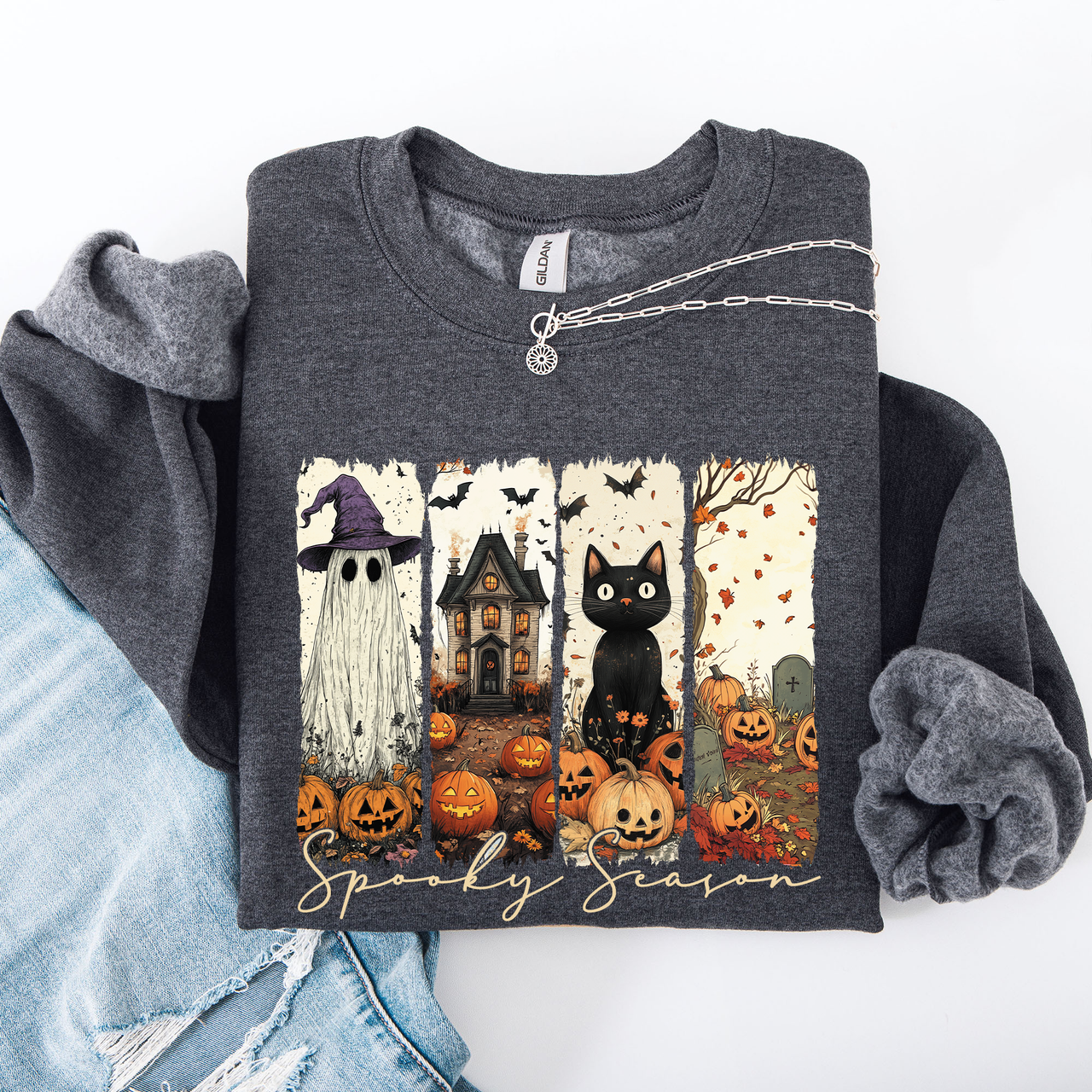 Spooky Season Striped Halloween Cat Ghost Pumpkins Autumn Cozy Classic Sweatshirt