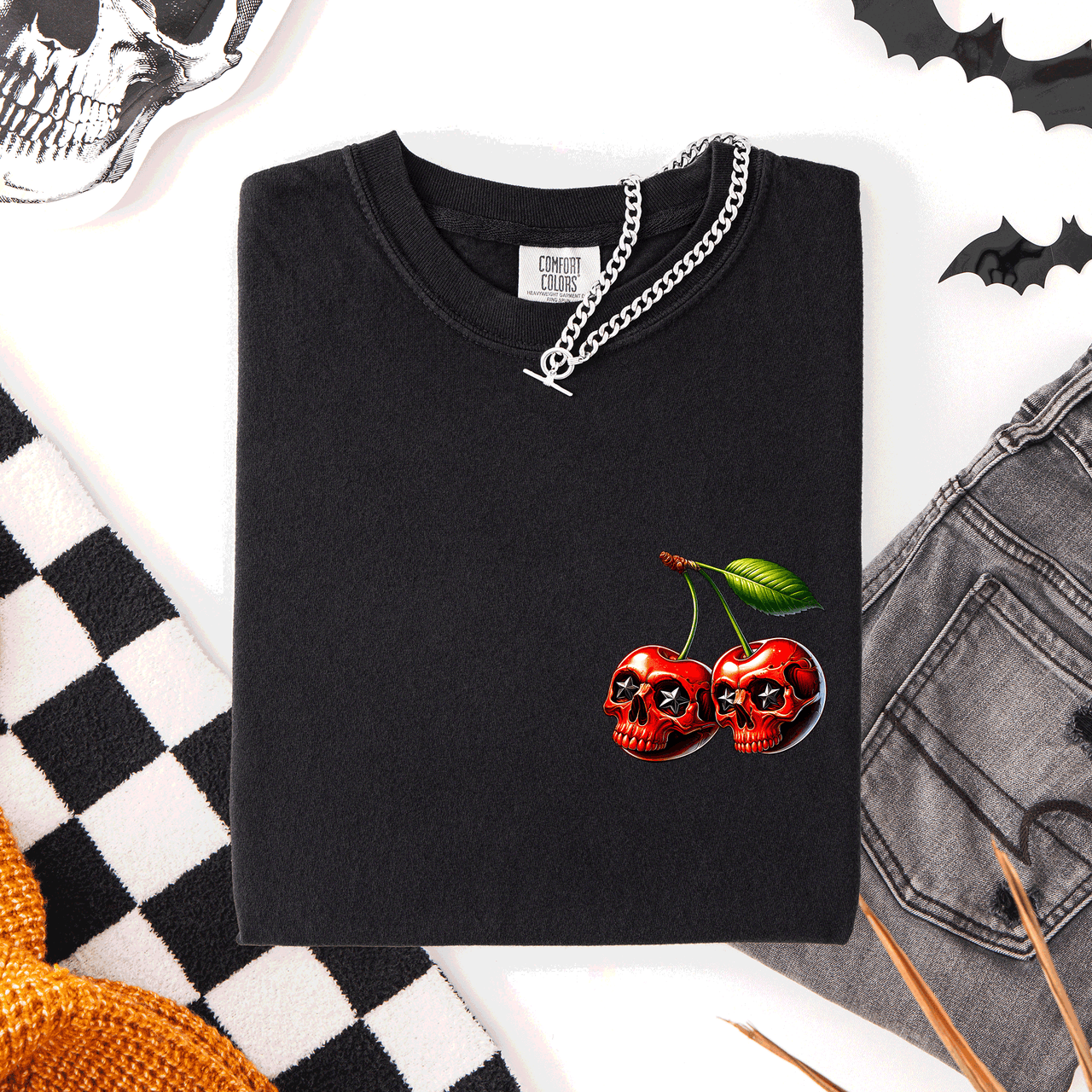 Spooky Skull Cherries Halloween Skeleton Stars Whimsical Night Sky Comfort Colors Tee