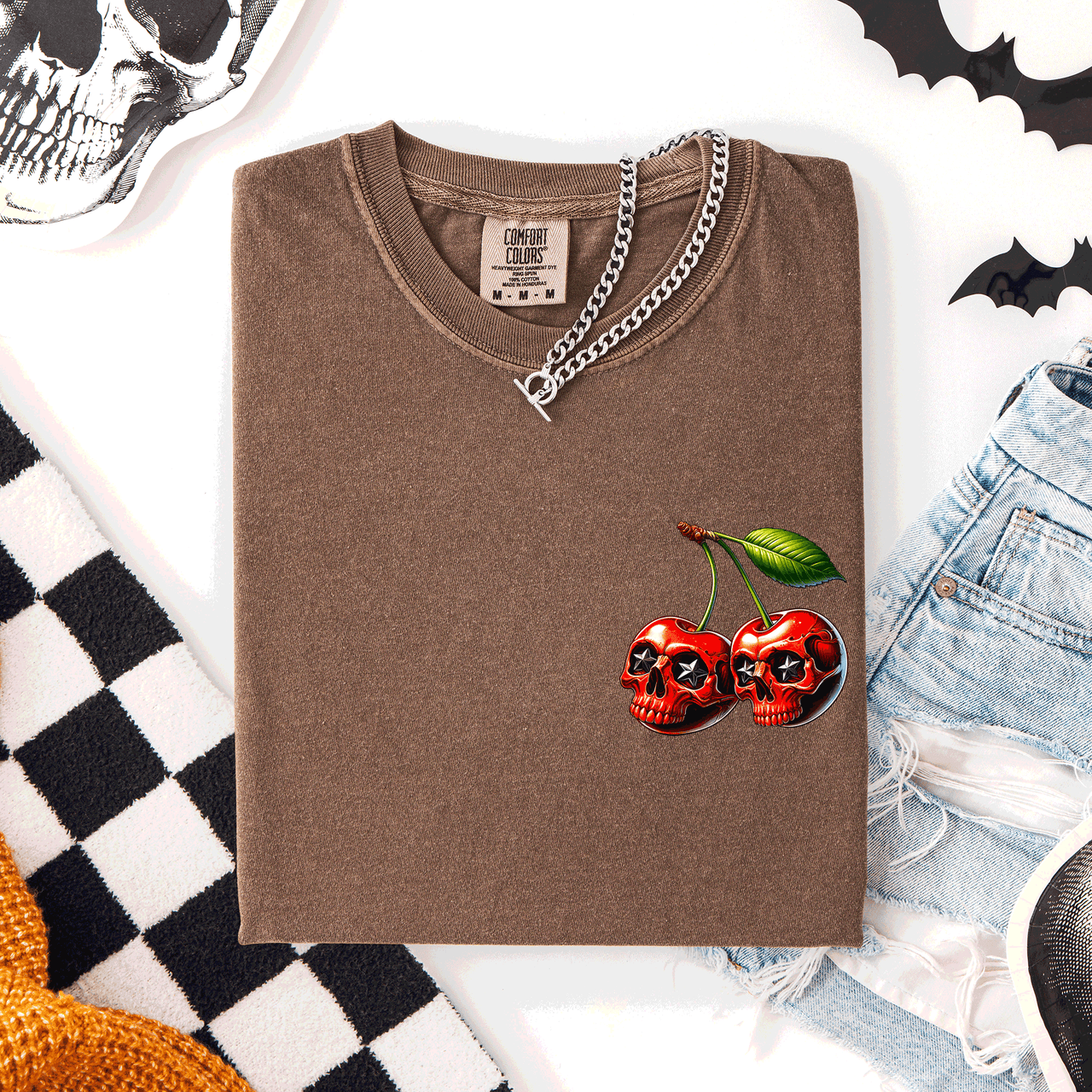 Spooky Skull Cherries Halloween Skeleton Stars Whimsical Night Sky Comfort Colors Tee