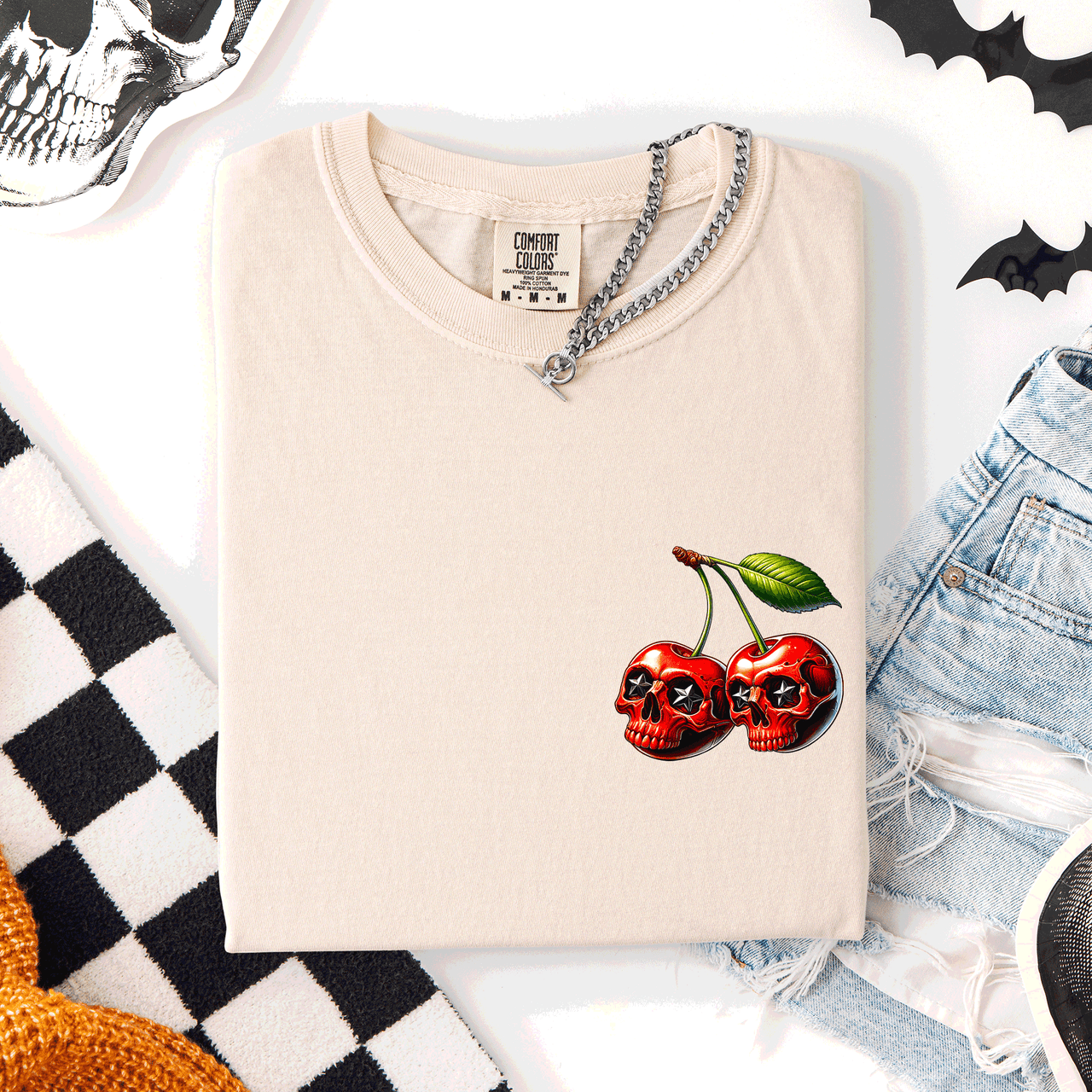 Spooky Skull Cherries Halloween Skeleton Stars Whimsical Night Sky Comfort Colors Tee