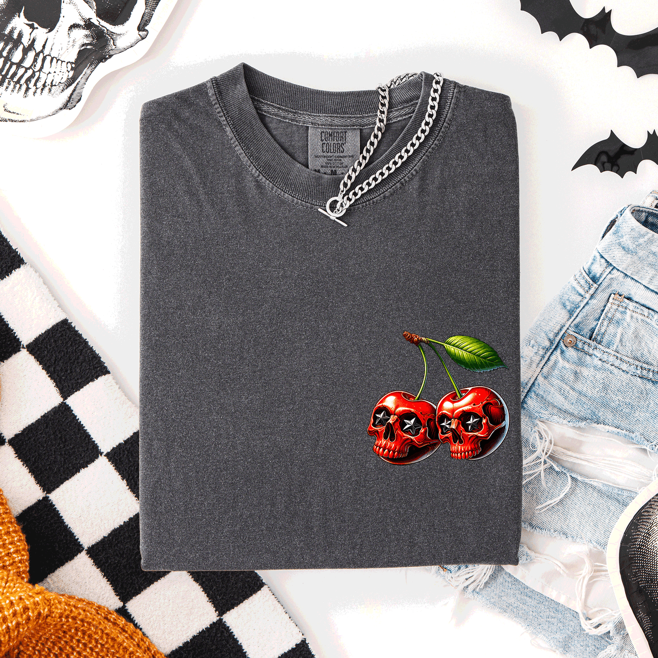 Spooky Skull Cherries Halloween Skeleton Stars Whimsical Night Sky Comfort Colors Tee